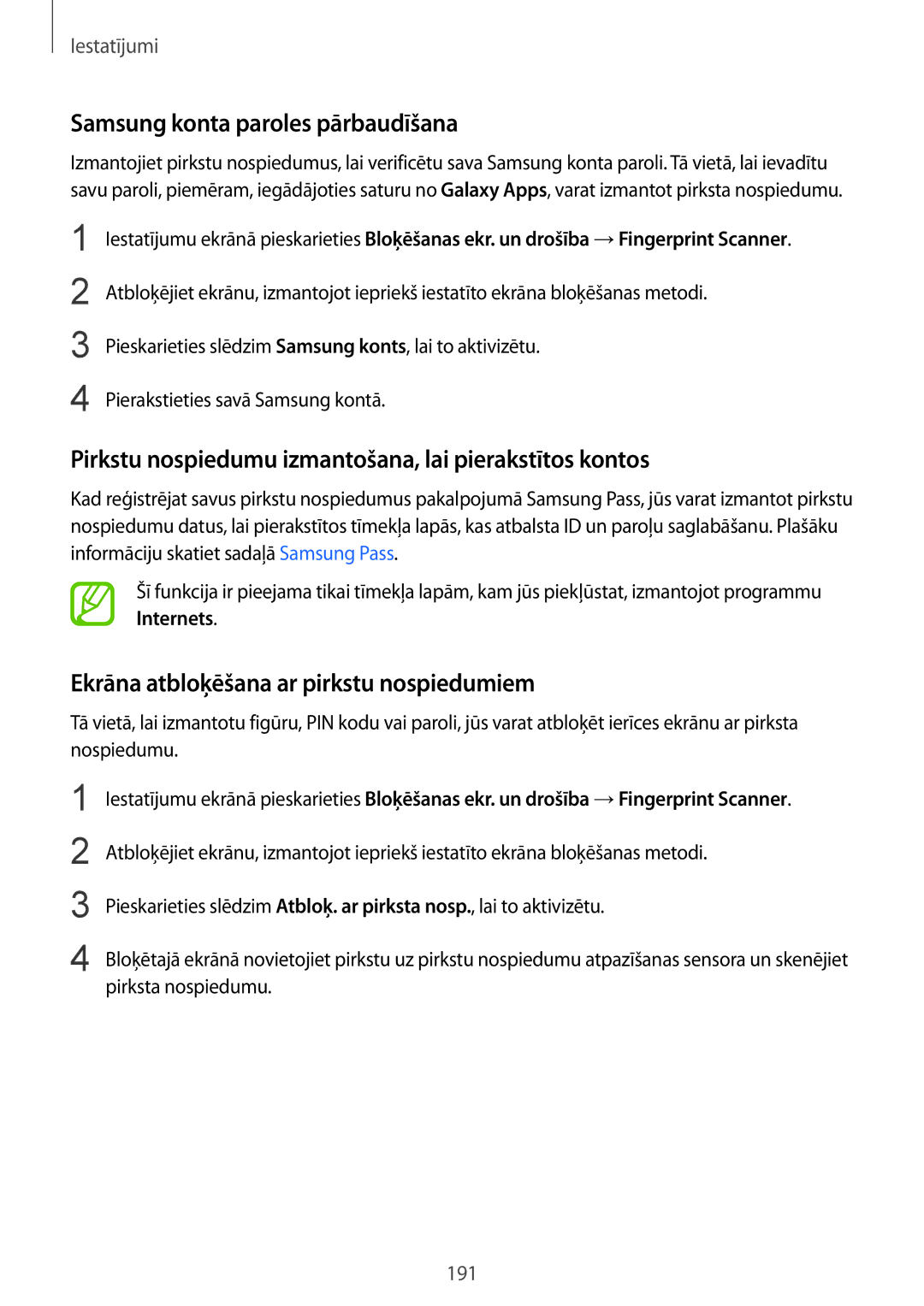 Samsung SM-G955FZVASEB manual Samsung konta paroles pārbaudīšana, Pirkstu nospiedumu izmantošana, lai pierakstītos kontos 