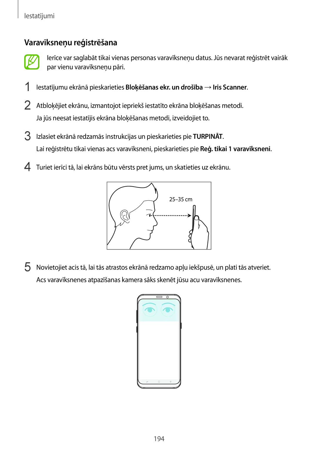 Samsung SM-G950FZIASEB, SM-G955FZSASEB, SM-G950FZSASEB, SM-G955FZVASEB, SM-G955FZKASEB manual Varavīksneņu reģistrēšana 