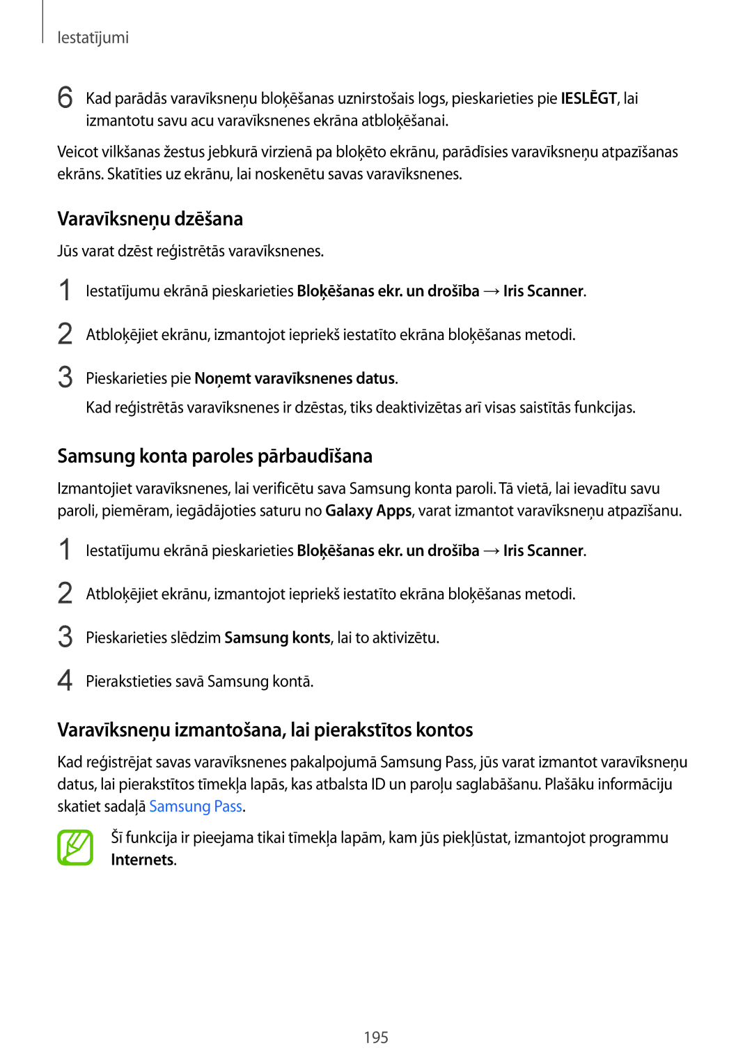 Samsung SM-G950FZKASEB, SM-G955FZSASEB manual Varavīksneņu dzēšana, Varavīksneņu izmantošana, lai pierakstītos kontos 
