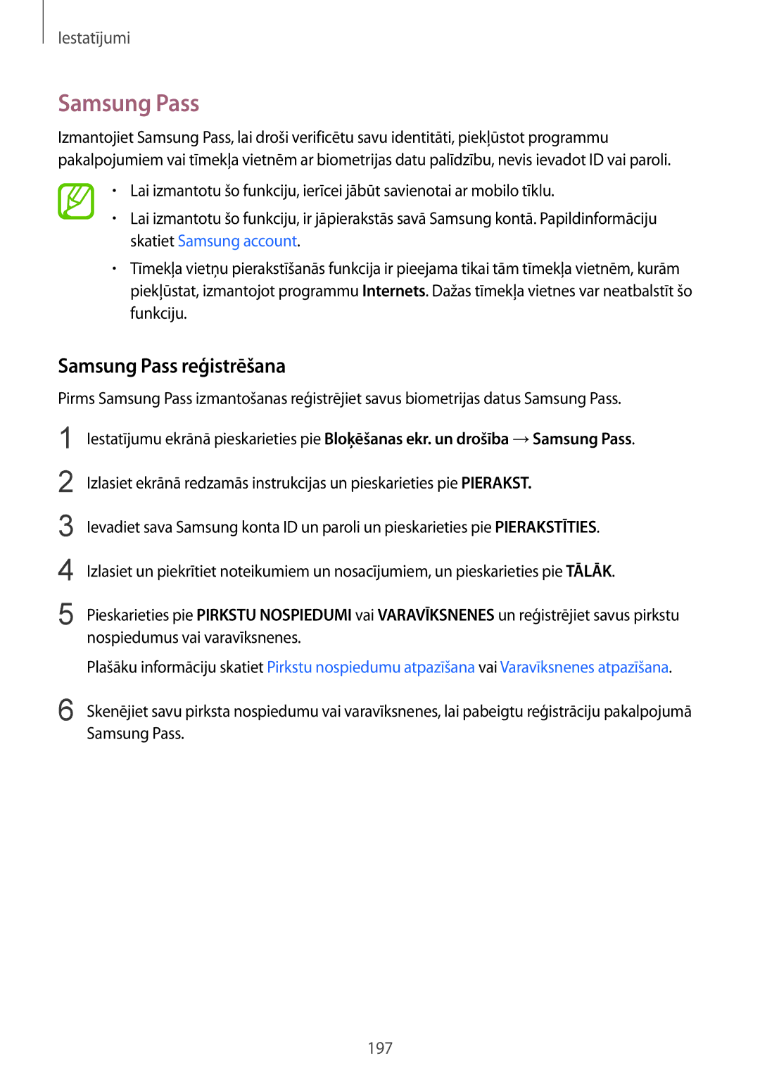 Samsung SM-G950FZSASEB, SM-G955FZSASEB, SM-G955FZVASEB, SM-G955FZKASEB, SM-G950FZVASEB manual Samsung Pass reģistrēšana 