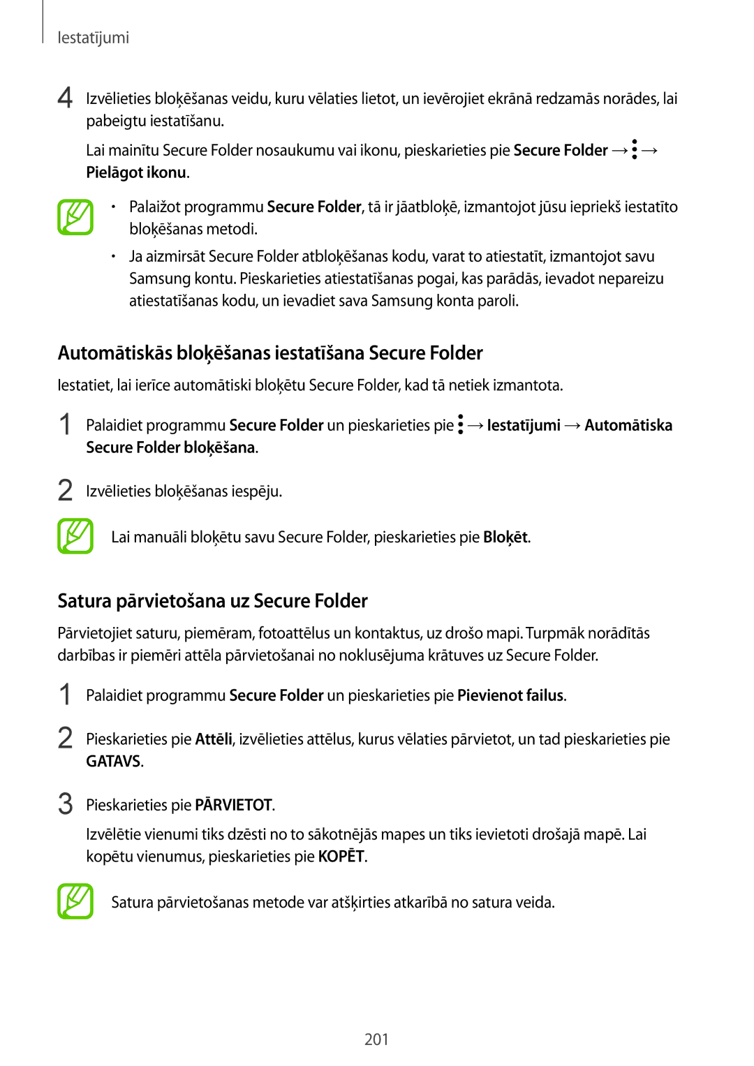 Samsung SM-G950FZIASEB manual Automātiskās bloķēšanas iestatīšana Secure Folder, Satura pārvietošana uz Secure Folder 