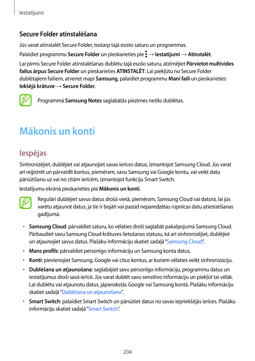 Samsung SM-G950FZSASEB, SM-G955FZSASEB, SM-G955FZVASEB, SM-G955FZKASEB manual Mākonis un konti, Secure Folder atinstalēšana 
