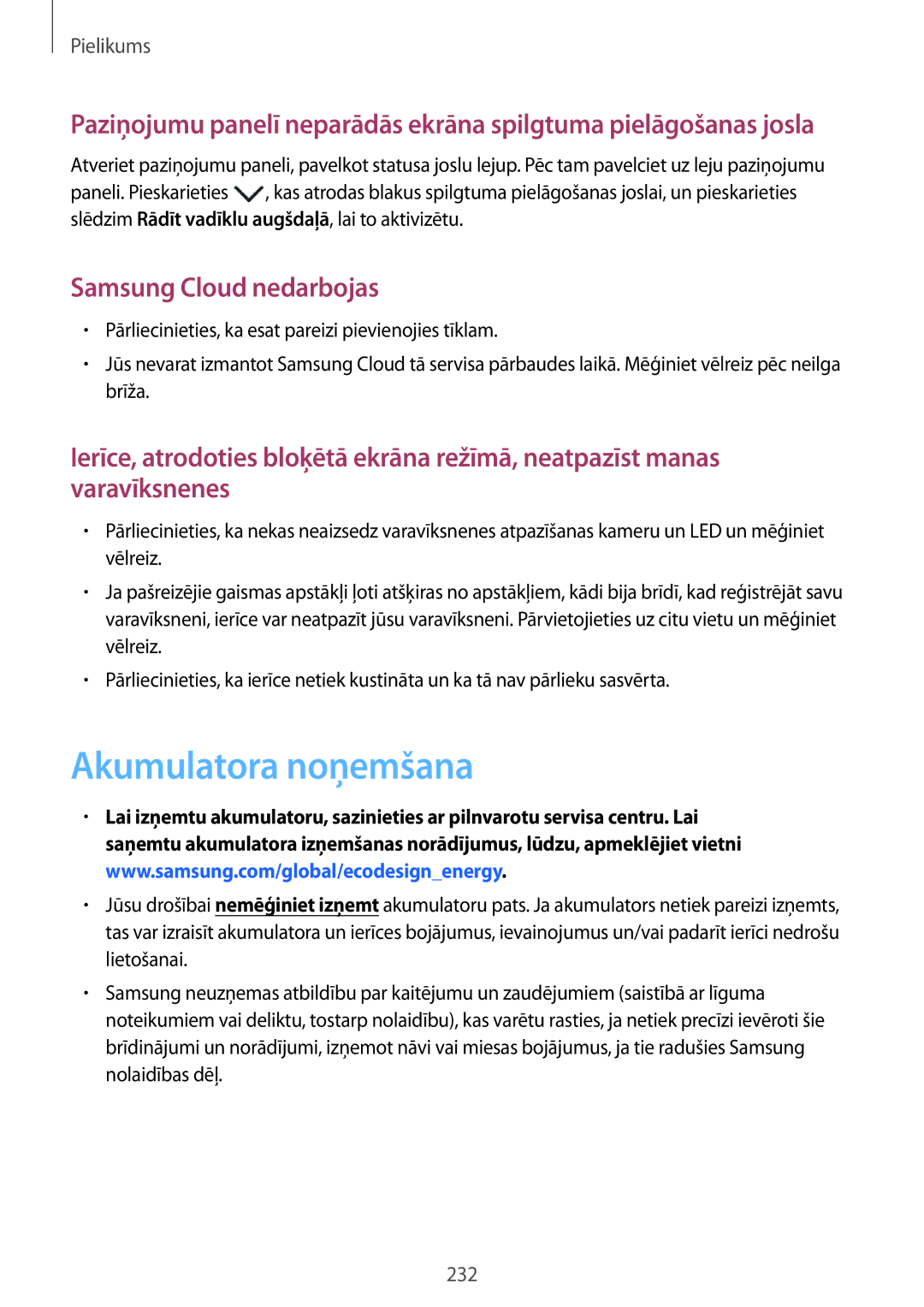 Samsung SM-G950FZSASEB, SM-G955FZSASEB, SM-G955FZVASEB, SM-G955FZKASEB manual Akumulatora noņemšana, Samsung Cloud nedarbojas 