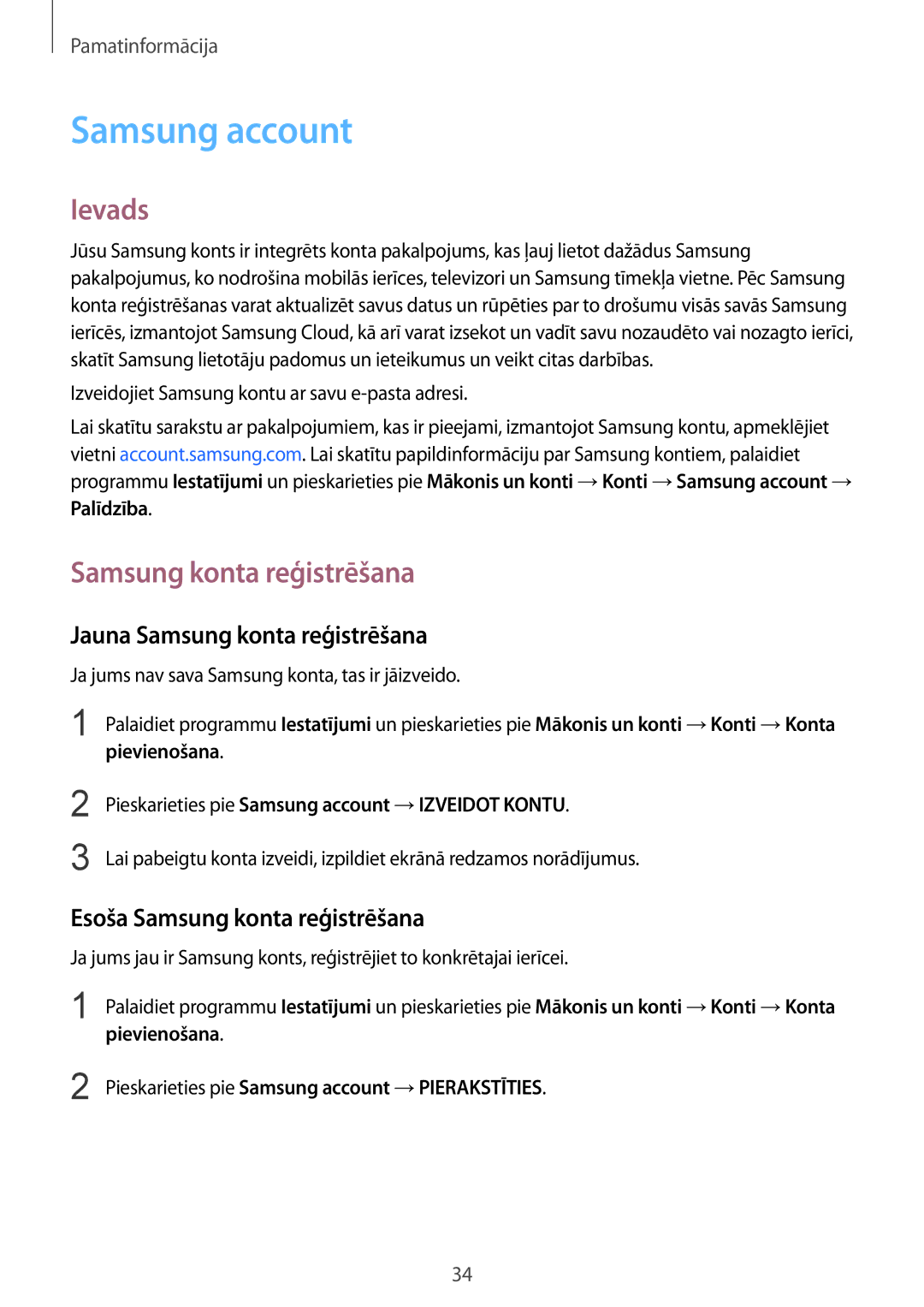 Samsung SM-G950FZKASEB Samsung account, Ievads, Jauna Samsung konta reģistrēšana, Esoša Samsung konta reģistrēšana 