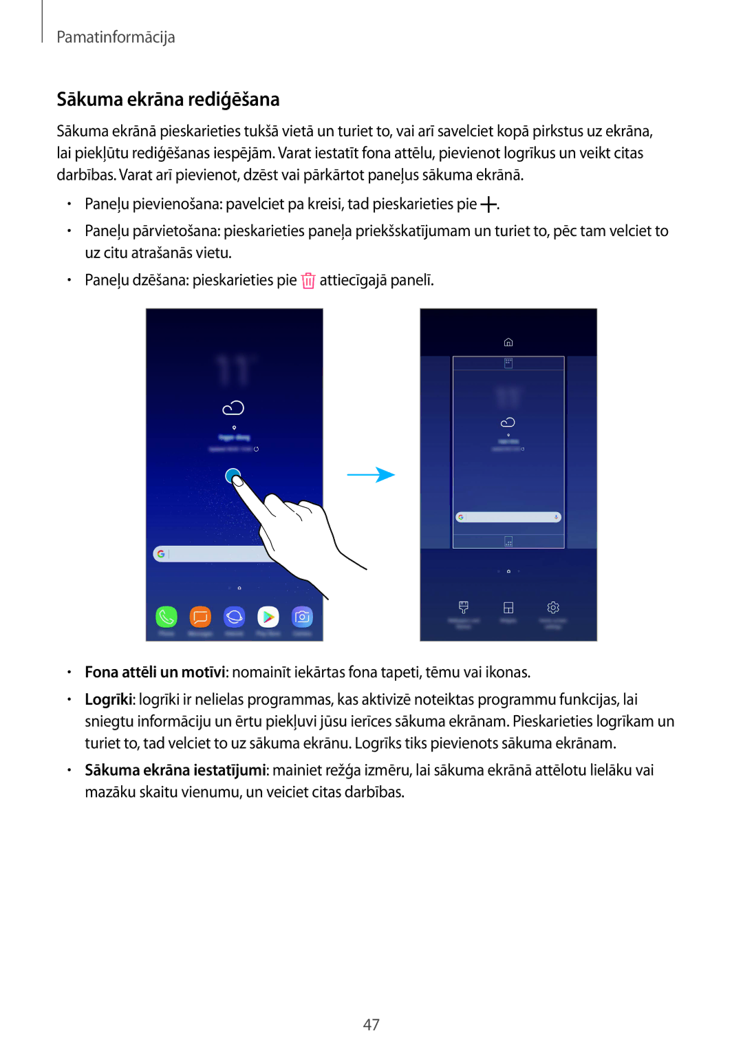 Samsung SM-G950FZIASEB, SM-G955FZSASEB, SM-G950FZSASEB, SM-G955FZVASEB, SM-G955FZKASEB manual Sākuma ekrāna rediģēšana 