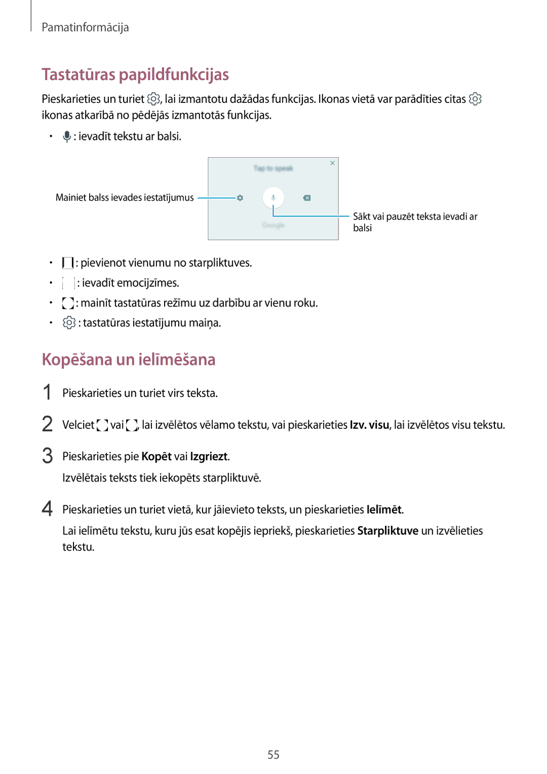 Samsung SM-G950FZKASEB manual Tastatūras papildfunkcijas, Kopēšana un ielīmēšana, Pieskarieties un turiet virs teksta 