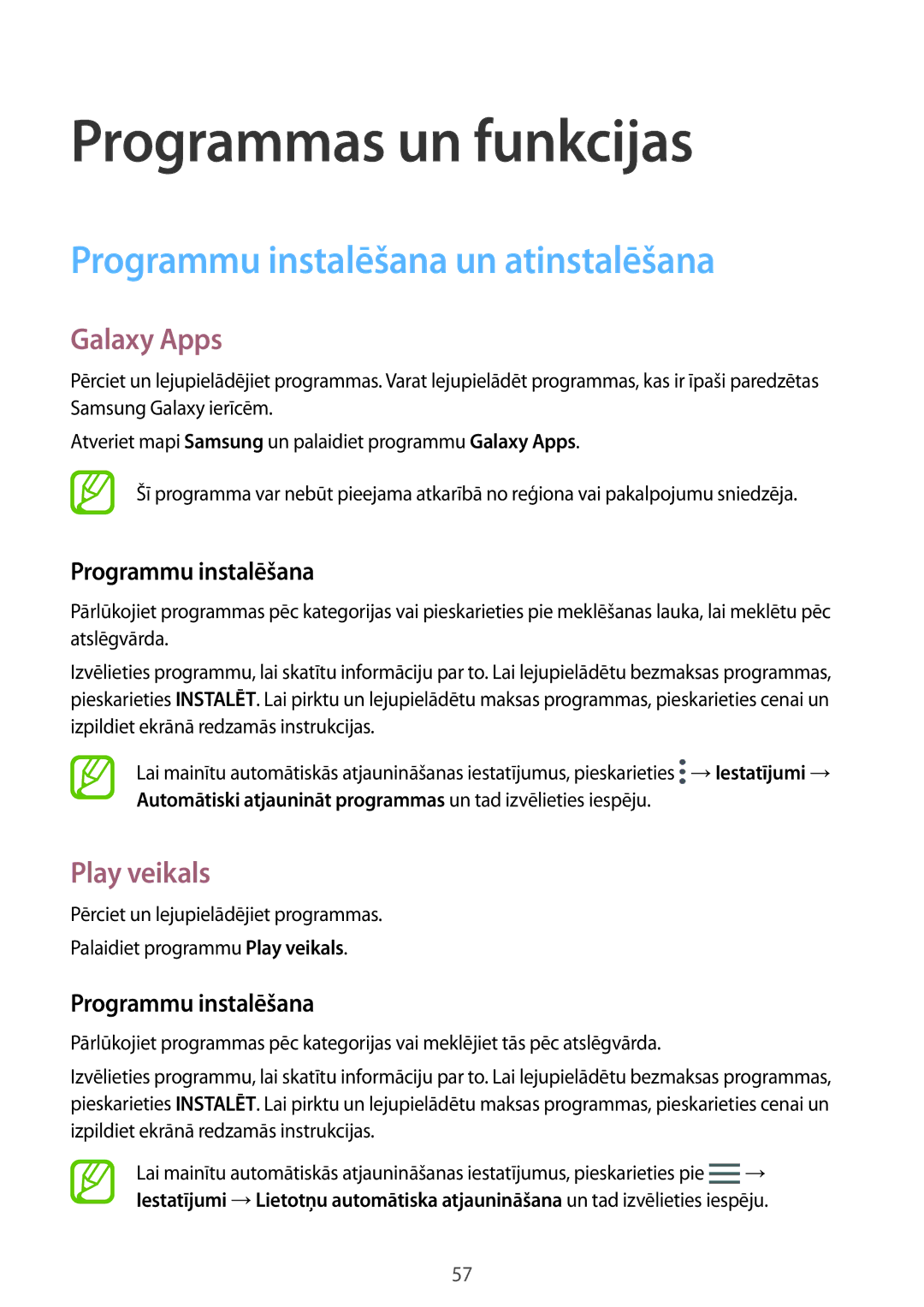 Samsung SM-G950FZSASEB, SM-G955FZSASEB, SM-G955FZVASEB Programmu instalēšana un atinstalēšana, Galaxy Apps, Play veikals 