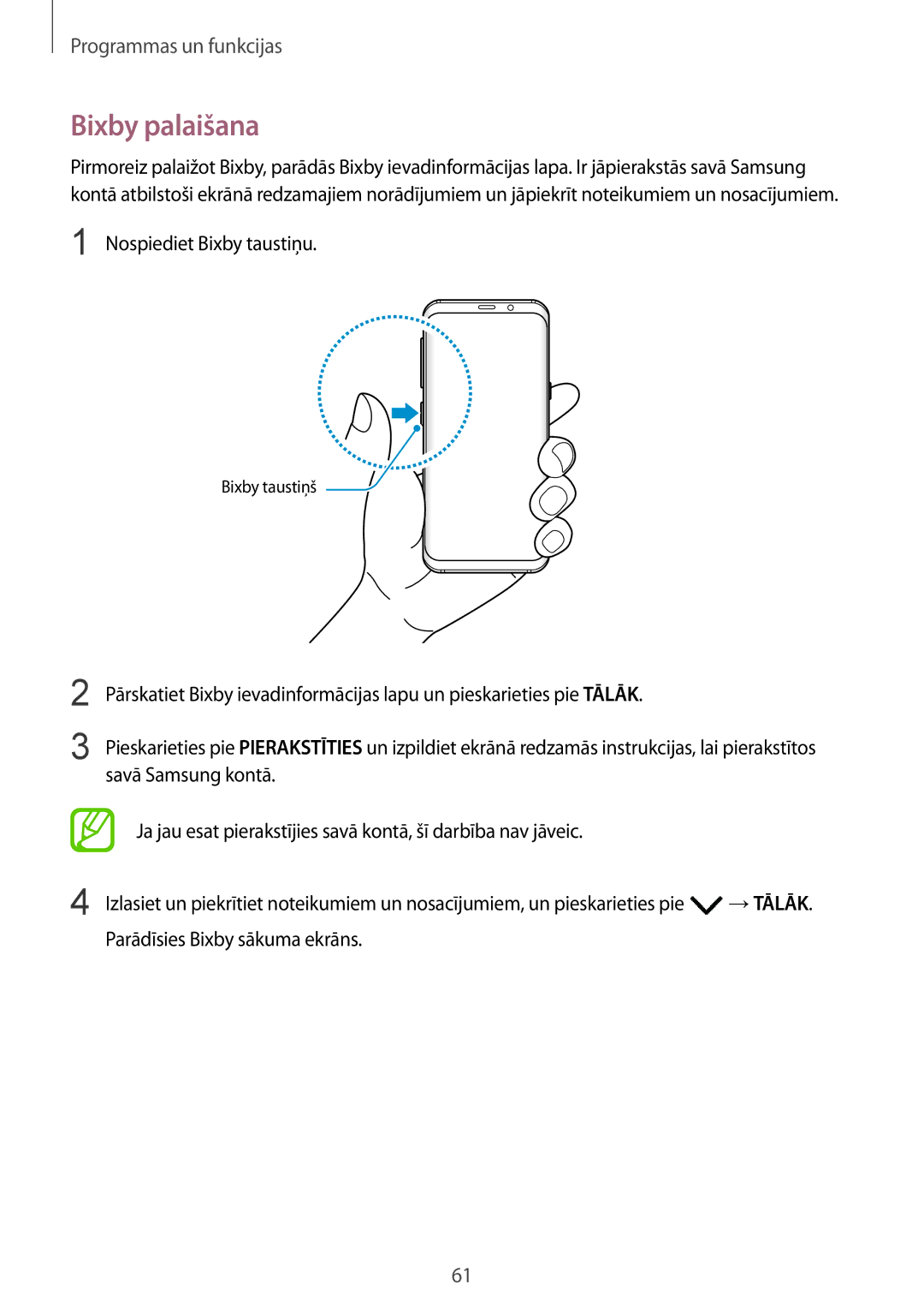 Samsung SM-G950FZIASEB, SM-G955FZSASEB, SM-G950FZSASEB, SM-G955FZVASEB manual Bixby palaišana, Nospiediet Bixby taustiņu 