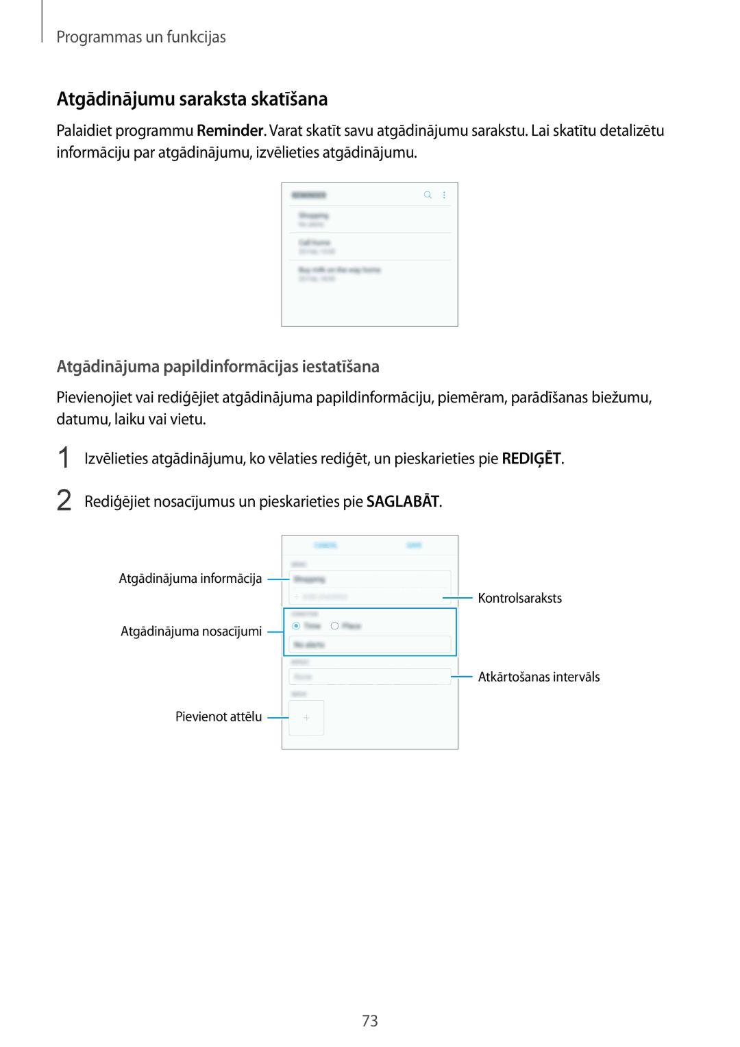 Samsung SM-G955FZKASEB, SM-G955FZSASEB manual Atgādinājumu saraksta skatīšana, Atgādinājuma papildinformācijas iestatīšana 