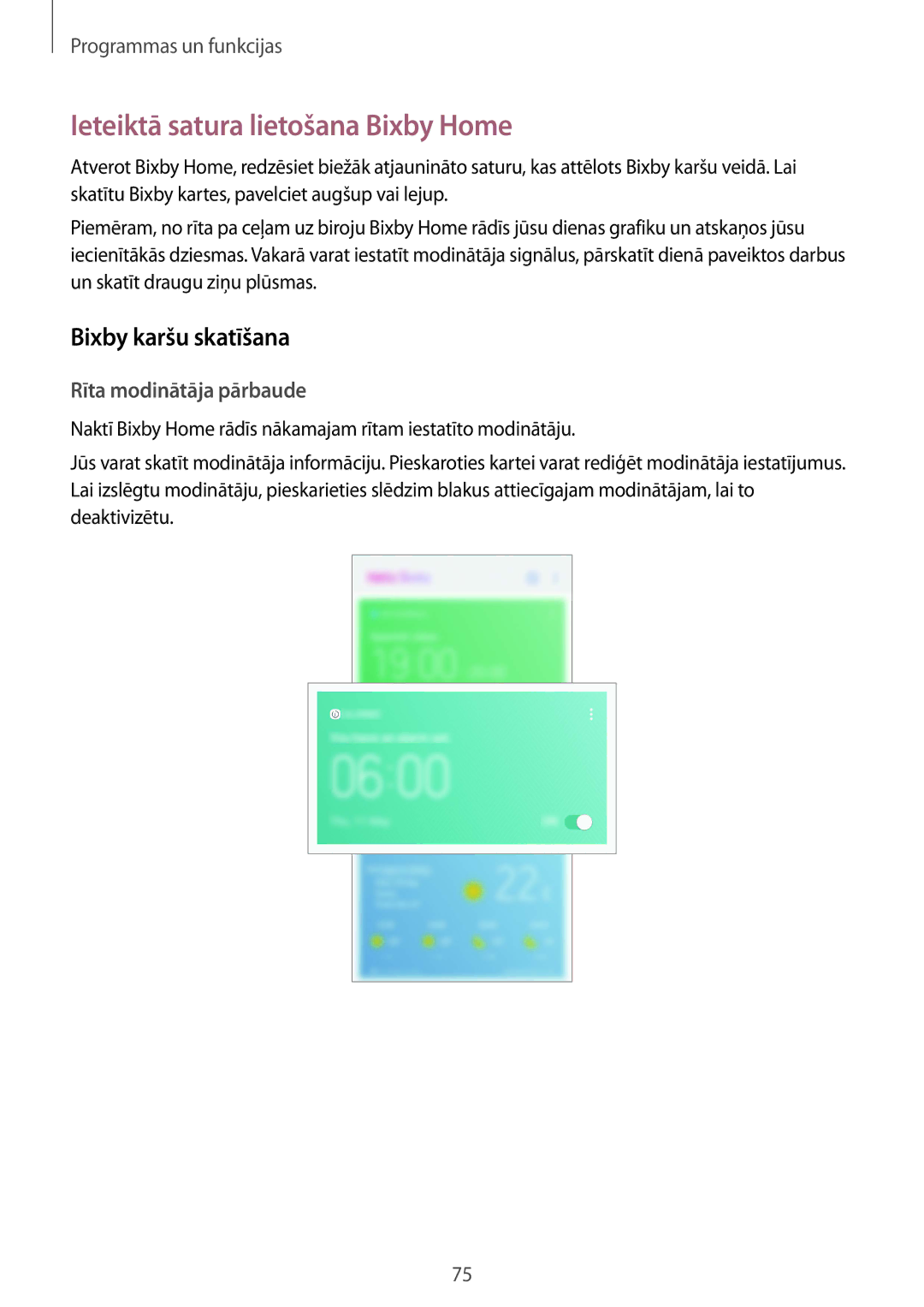 Samsung SM-G950FZIASEB manual Ieteiktā satura lietošana Bixby Home, Bixby karšu skatīšana, Rīta modinātāja pārbaude 