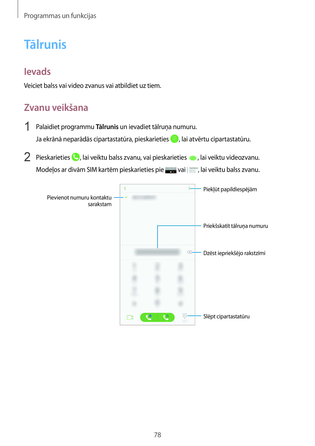 Samsung SM-G950FZSASEB, SM-G955FZSASEB manual Tālrunis, Zvanu veikšana, Veiciet balss vai video zvanus vai atbildiet uz tiem 
