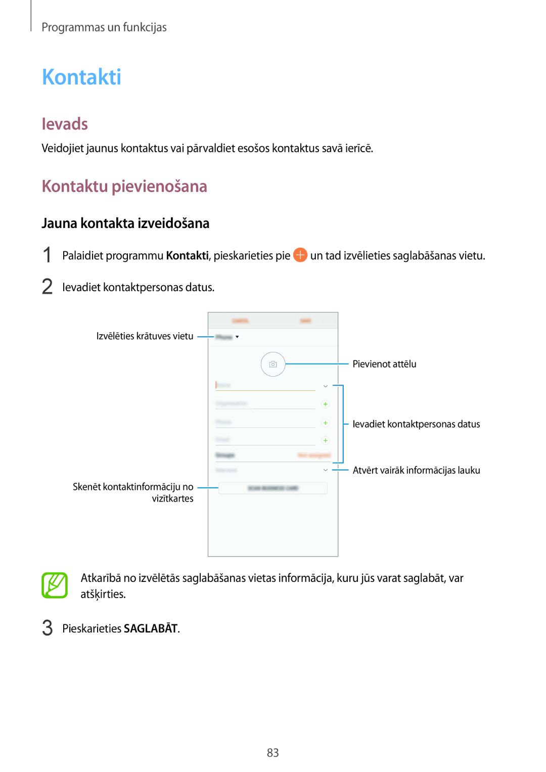 Samsung SM-G950FZKASEB manual Kontakti, Kontaktu pievienošana, Jauna kontakta izveidošana, Ievadiet kontaktpersonas datus 