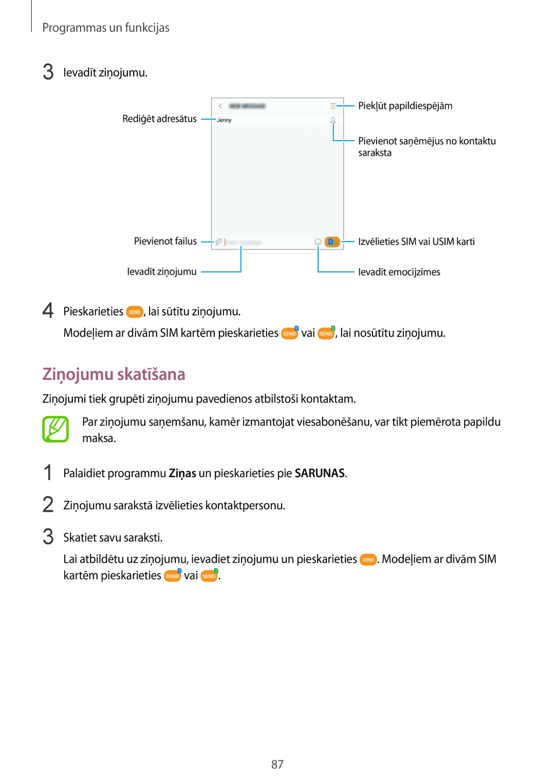 Samsung SM-G955FZKASEB manual Ziņojumu skatīšana, Ievadīt ziņojumu, Lai sūtītu ziņojumu, Vai Lai nosūtītu ziņojumu 