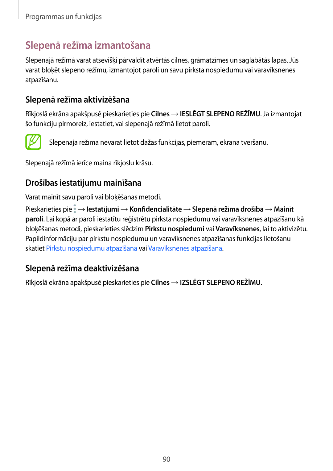 Samsung SM-G950FZKASEB manual Slepenā režīma izmantošana, Slepenā režīma aktivizēšana, Drošības iestatījumu mainīšana 