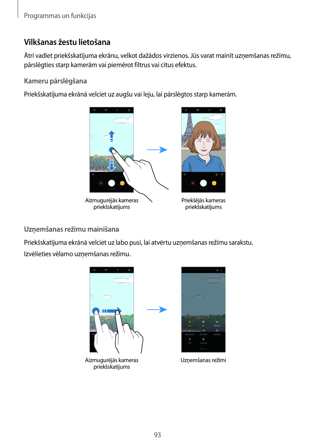 Samsung SM-G955FZVASEB, SM-G955FZSASEB manual Vilkšanas žestu lietošana, Kameru pārslēgšana, Uzņemšanas režīmu mainīšana 