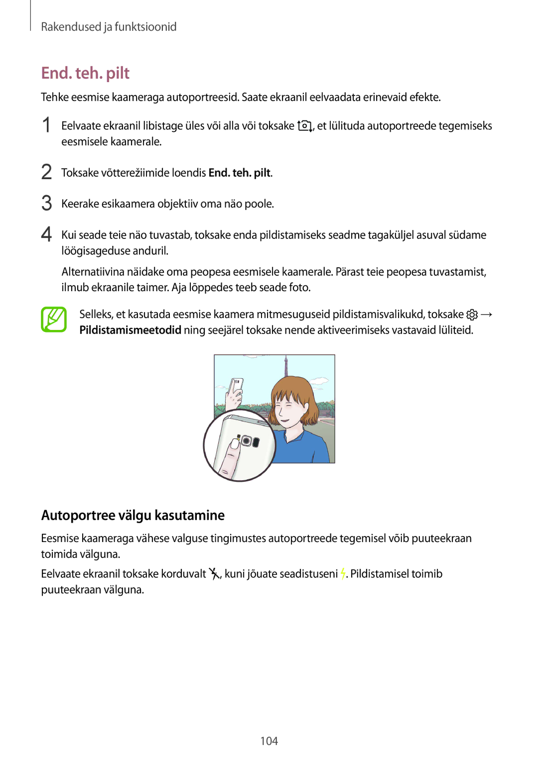 Samsung SM-G950FZKASEB, SM-G955FZSASEB, SM-G950FZSASEB, SM-G955FZVASEB manual End. teh. pilt, Autoportree välgu kasutamine 