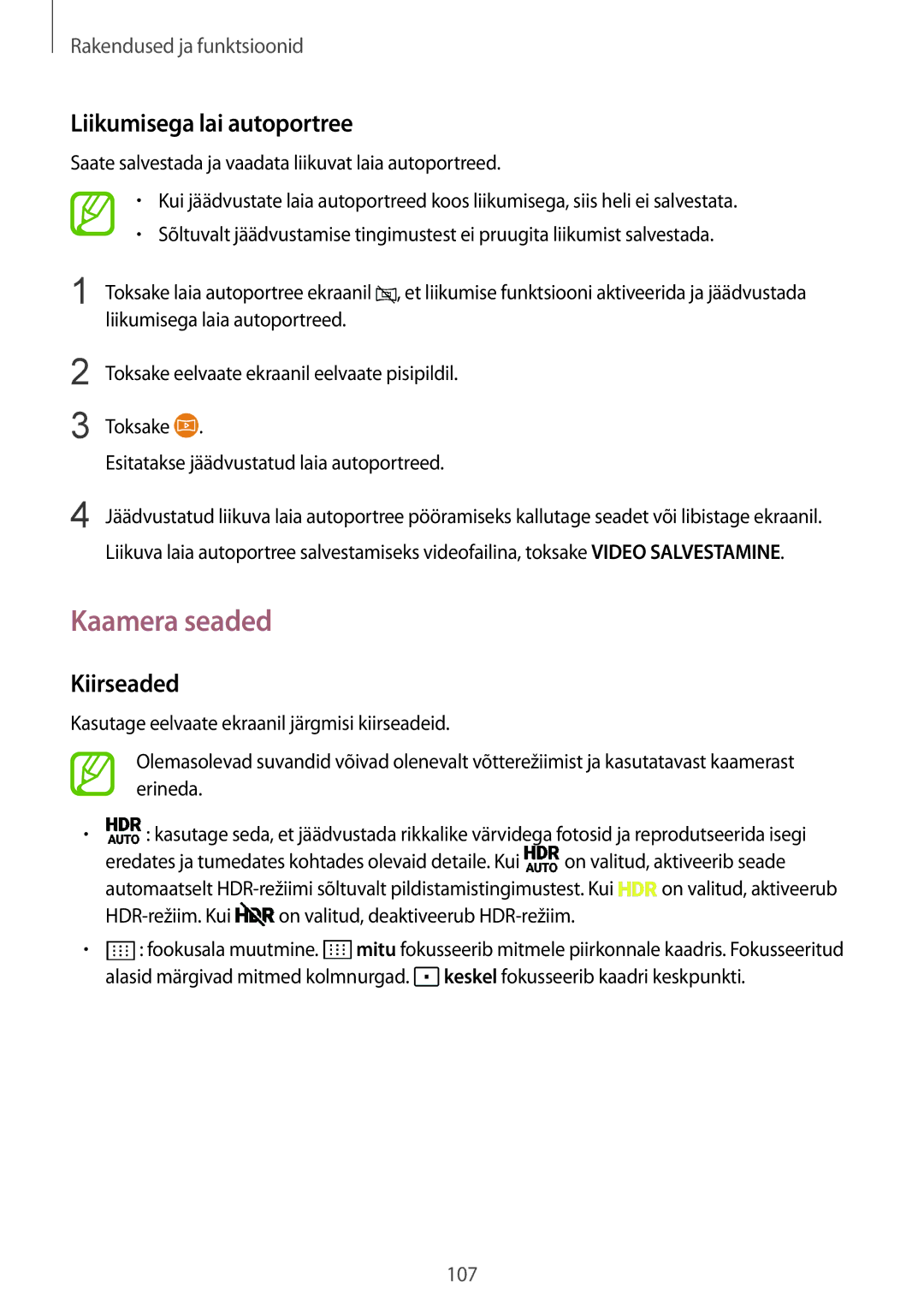 Samsung SM-G955FZVASEB, SM-G955FZSASEB, SM-G950FZSASEB manual Kaamera seaded, Liikumisega lai autoportree, Kiirseaded 