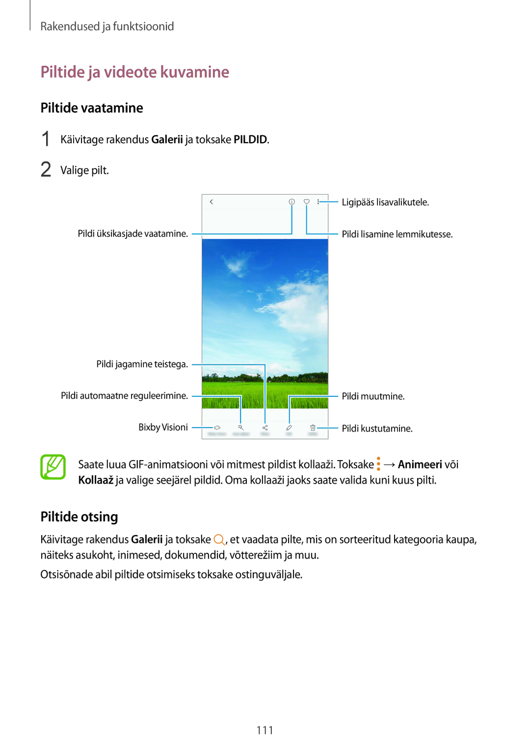 Samsung SM-G950FZKASEB, SM-G955FZSASEB manual Piltide ja videote kuvamine, Piltide vaatamine, Piltide otsing, Valige pilt 