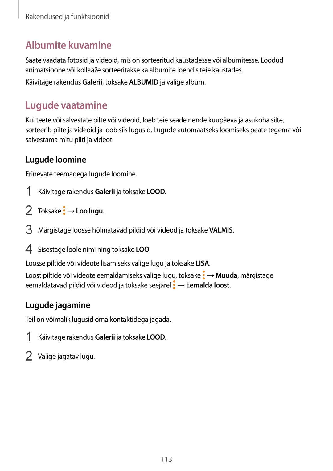 Samsung SM-G950FZSASEB, SM-G955FZSASEB, SM-G955FZVASEB Albumite kuvamine, Lugude vaatamine, Lugude loomine, Lugude jagamine 