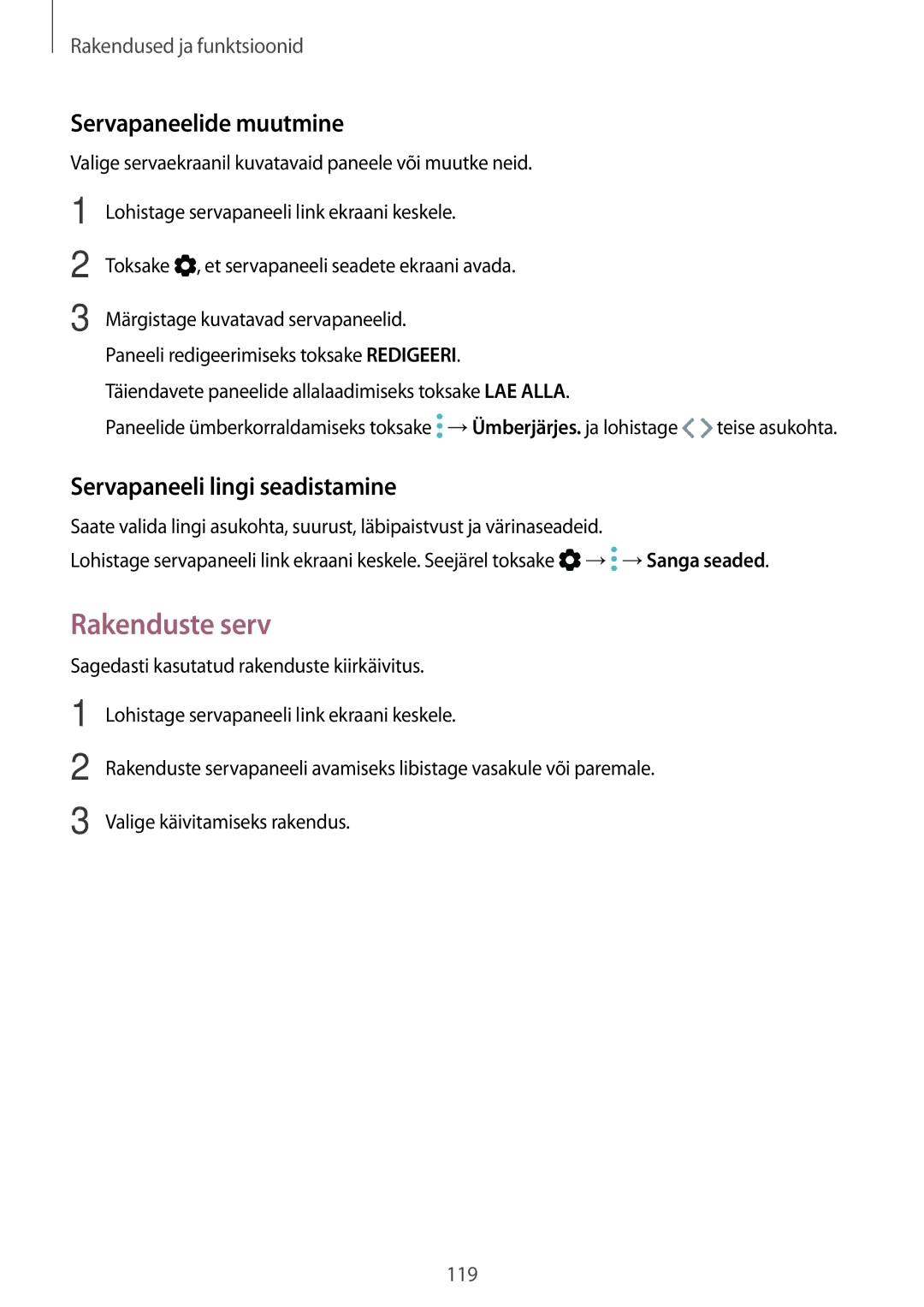 Samsung SM-G955FZSASEB, SM-G950FZSASEB manual Rakenduste serv, Servapaneelide muutmine, Servapaneeli lingi seadistamine 