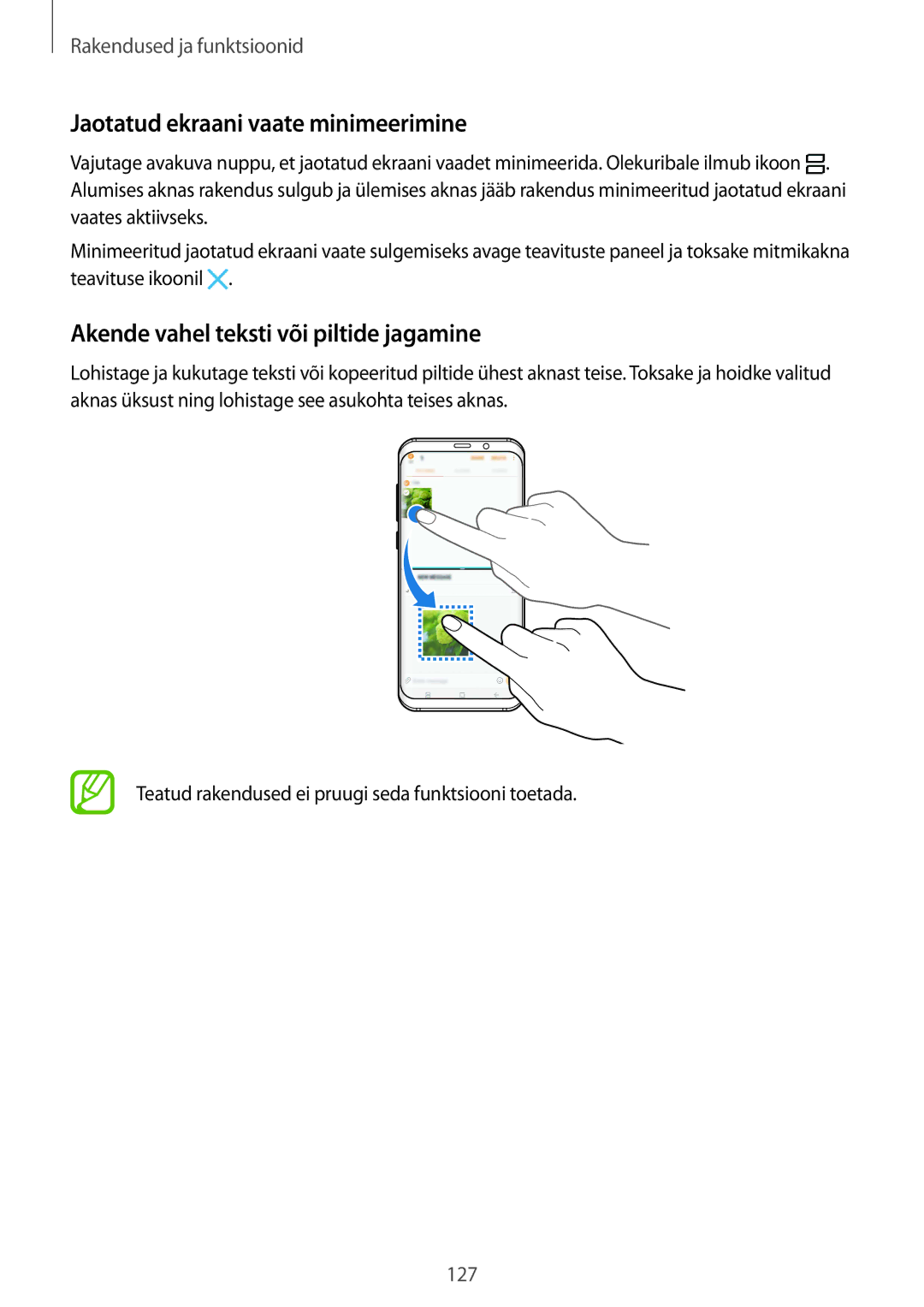 Samsung SM-G950FZSASEB, SM-G955FZSASEB manual Jaotatud ekraani vaate minimeerimine, Akende vahel teksti või piltide jagamine 