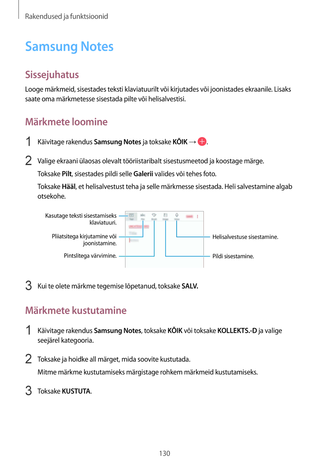 Samsung SM-G950FZVASEB, SM-G955FZSASEB, SM-G950FZSASEB, SM-G955FZVASEB Samsung Notes, Märkmete loomine, Märkmete kustutamine 