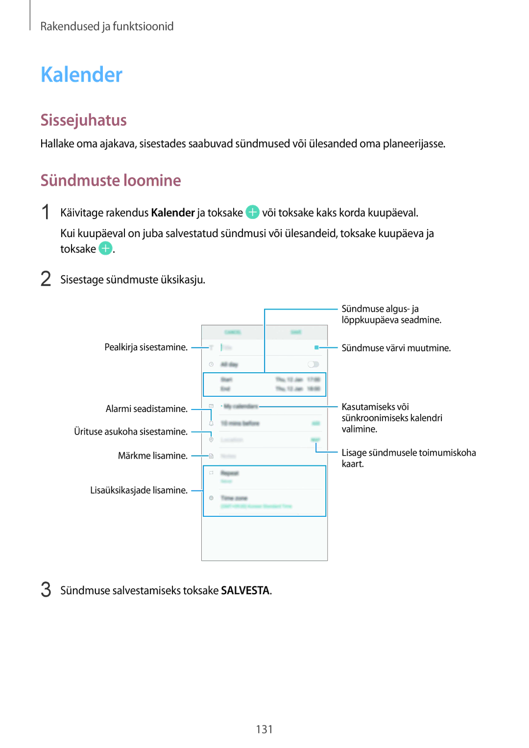 Samsung SM-G950FZIASEB, SM-G955FZSASEB, SM-G950FZSASEB manual Kalender, Sündmuste loomine, Või toksake kaks korda kuupäeval 