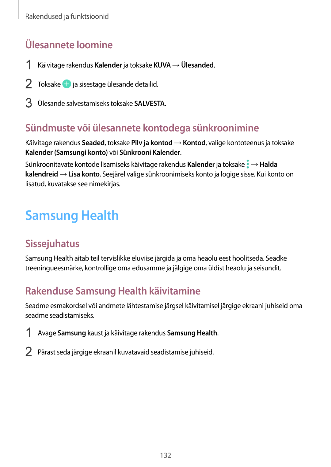 Samsung SM-G950FZKASEB manual Samsung Health, Ülesannete loomine, Sündmuste või ülesannete kontodega sünkroonimine 