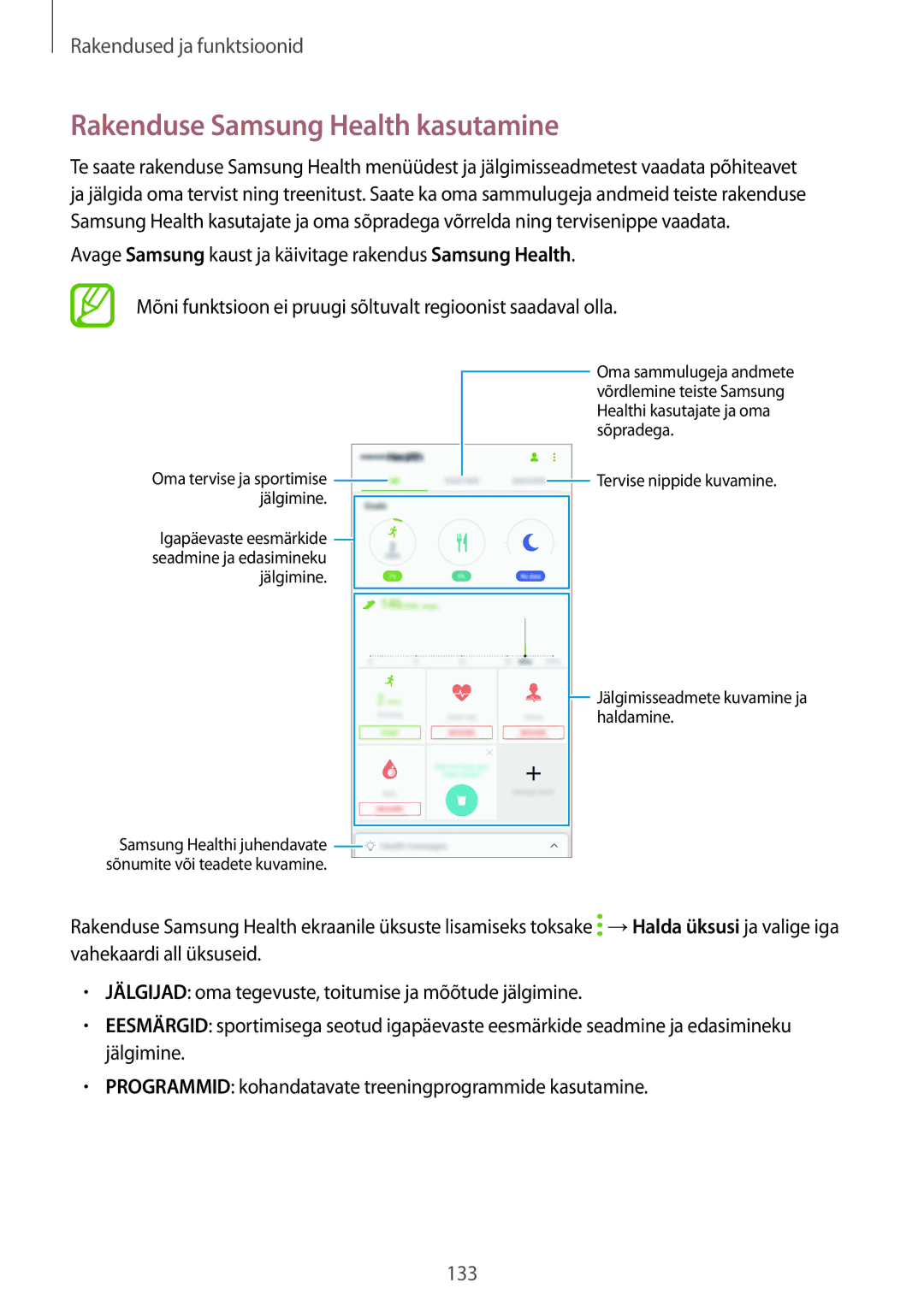 Samsung SM-G955FZSASEB, SM-G950FZSASEB, SM-G955FZVASEB, SM-G955FZKASEB, SM-G950FZVASEB Rakenduse Samsung Health kasutamine 