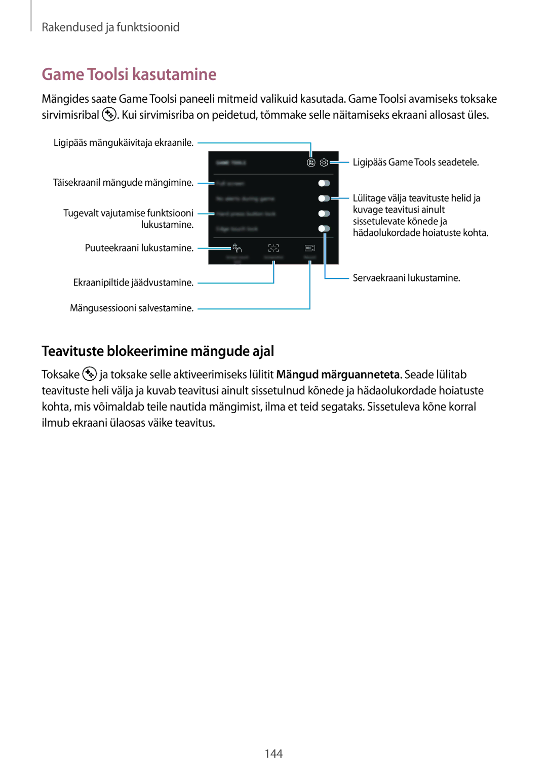 Samsung SM-G950FZVASEB, SM-G955FZSASEB, SM-G950FZSASEB manual Game Toolsi kasutamine, Teavituste blokeerimine mängude ajal 