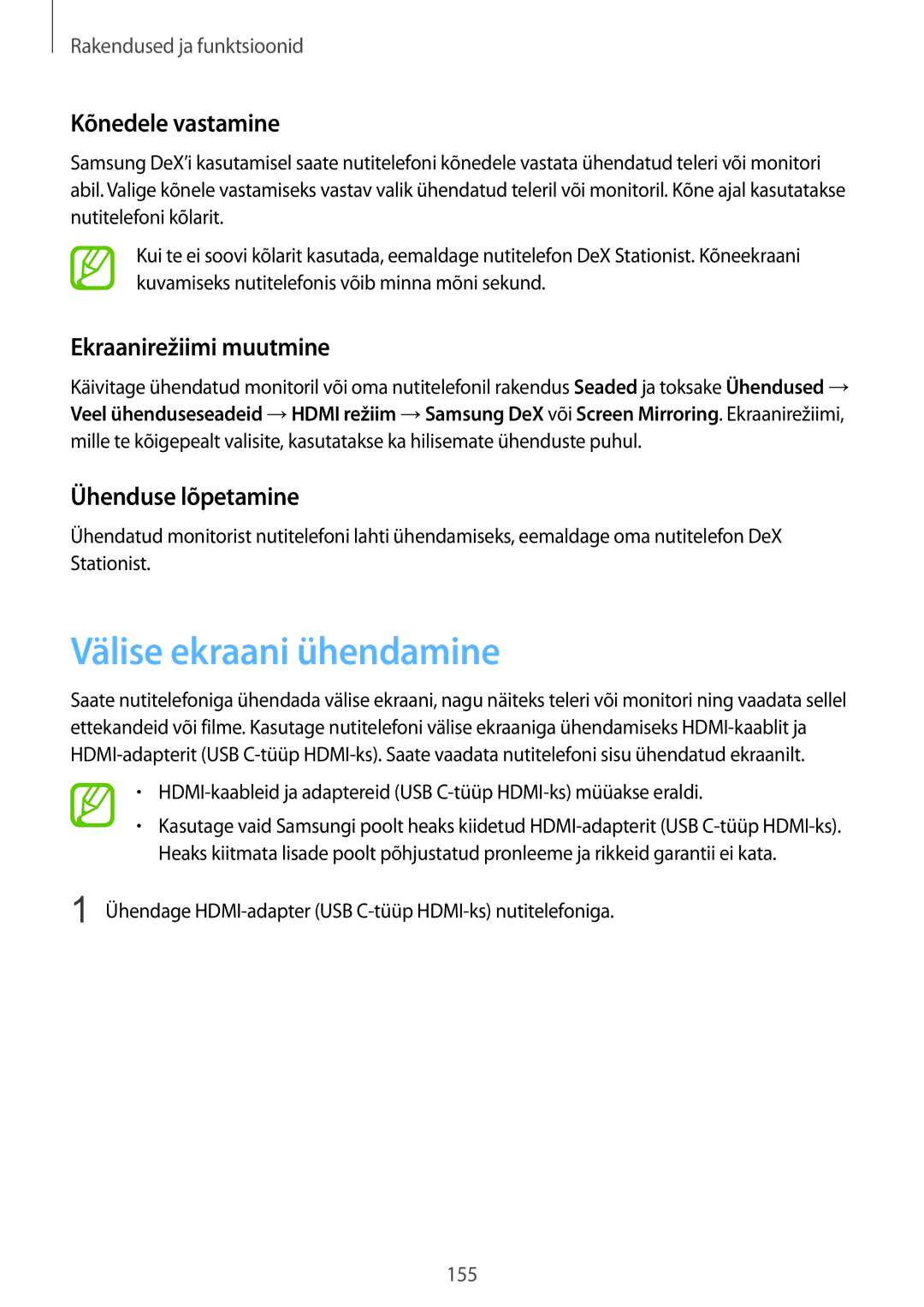 Samsung SM-G950FZSASEB manual Välise ekraani ühendamine, Kõnedele vastamine, Ekraanirežiimi muutmine, Ühenduse lõpetamine 