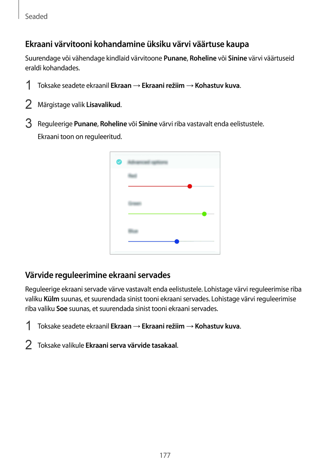 Samsung SM-G955FZVASEB Ekraani värvitooni kohandamine üksiku värvi väärtuse kaupa, Värvide reguleerimine ekraani servades 
