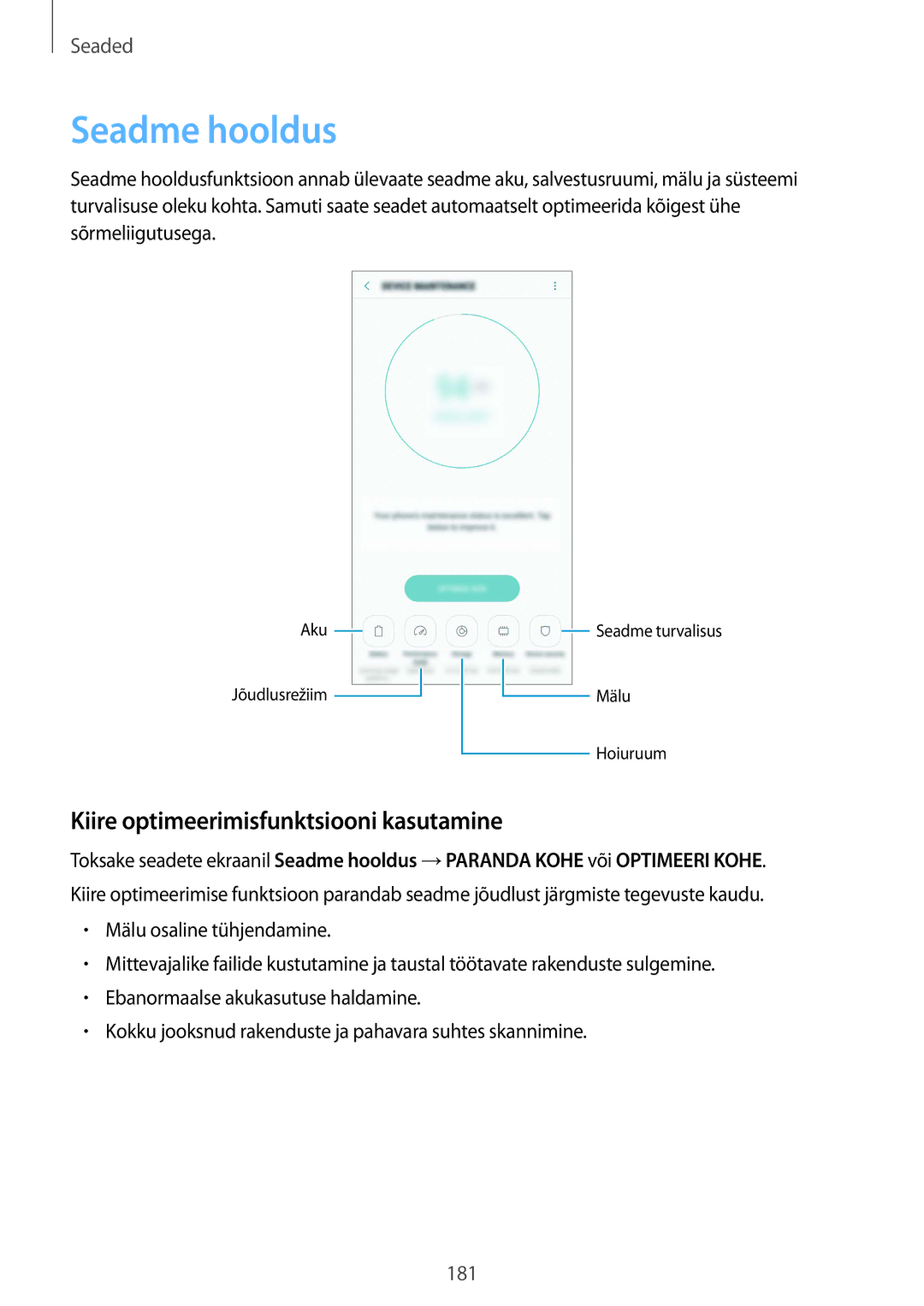 Samsung SM-G950FZKASEB, SM-G955FZSASEB, SM-G950FZSASEB manual Seadme hooldus, Kiire optimeerimisfunktsiooni kasutamine 