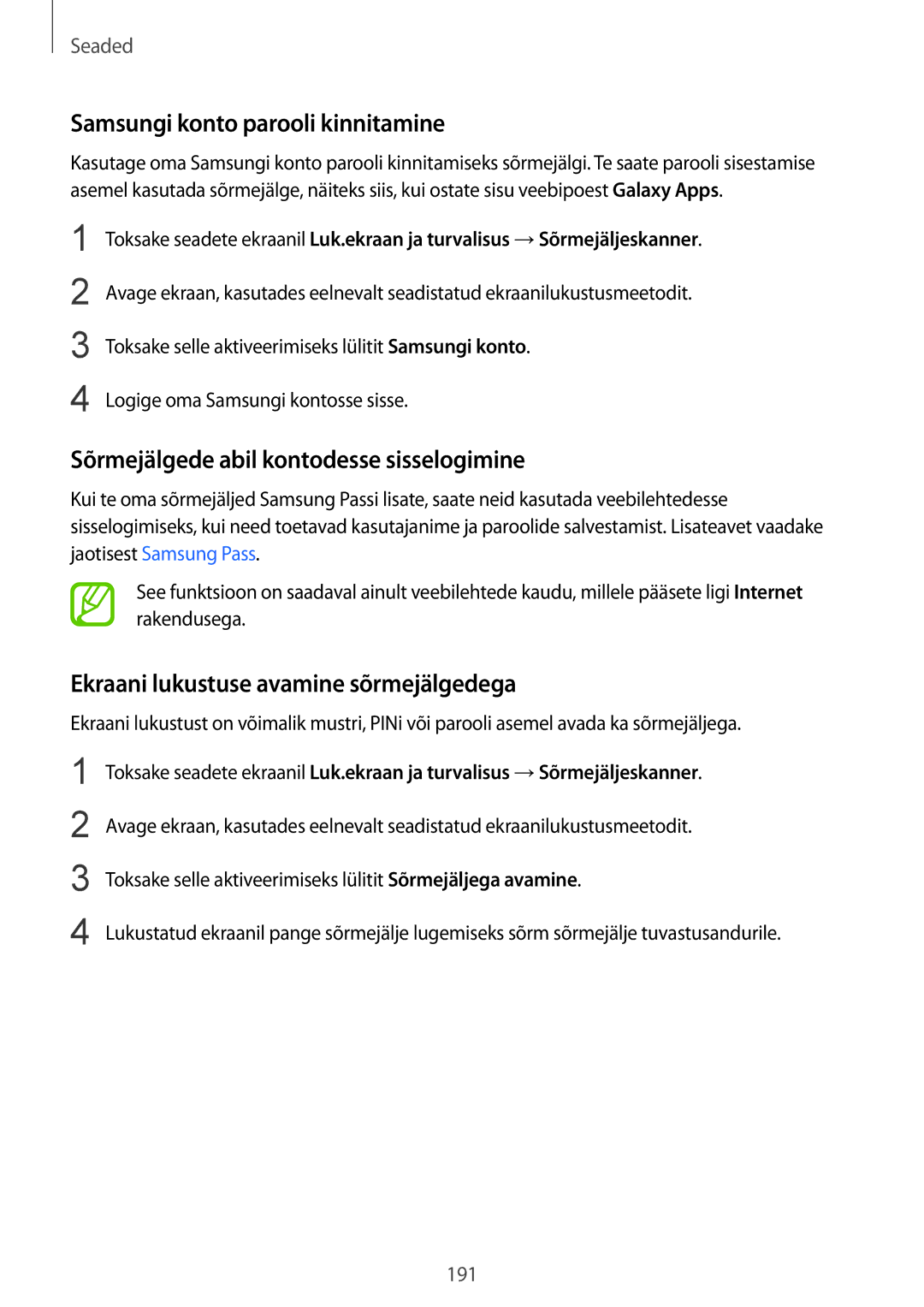 Samsung SM-G955FZVASEB, SM-G955FZSASEB manual Samsungi konto parooli kinnitamine, Sõrmejälgede abil kontodesse sisselogimine 