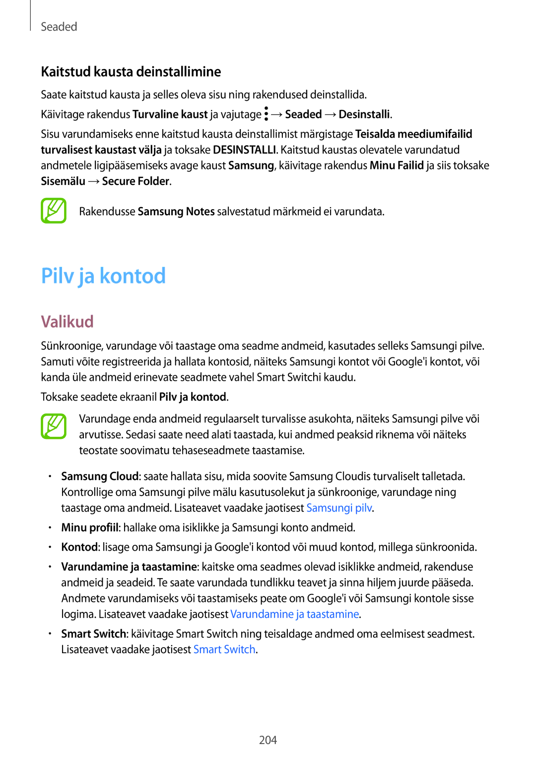 Samsung SM-G950FZSASEB, SM-G955FZSASEB manual Kaitstud kausta deinstallimine, Toksake seadete ekraanil Pilv ja kontod 