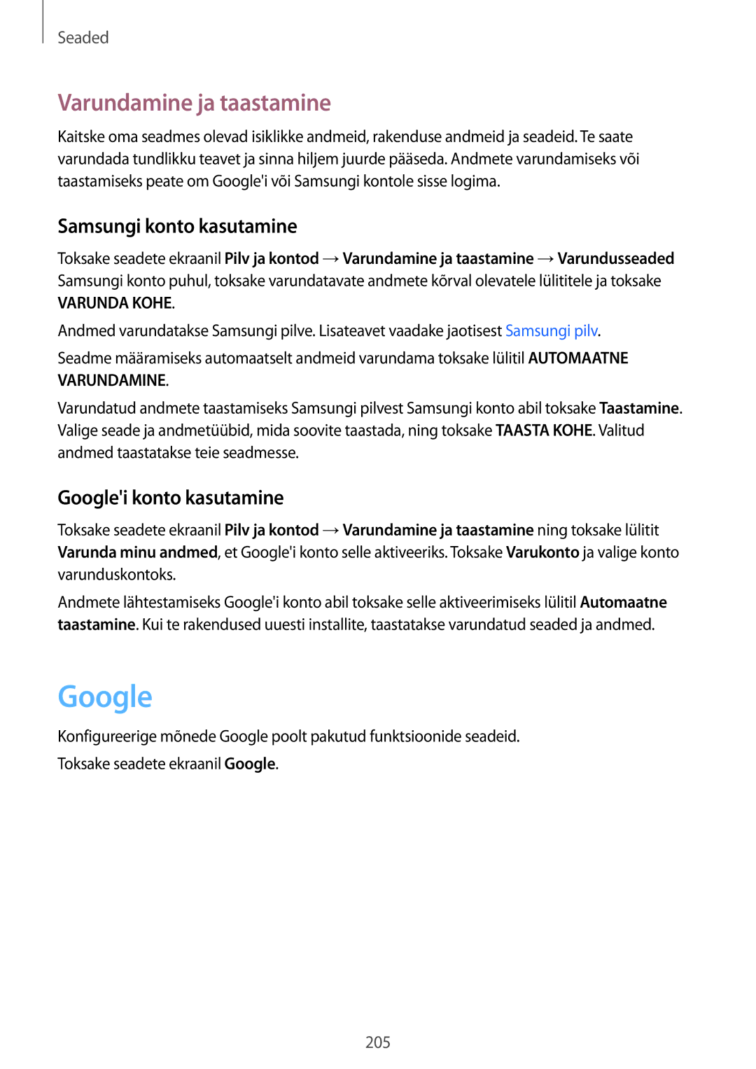 Samsung SM-G955FZVASEB, SM-G955FZSASEB Varundamine ja taastamine, Samsungi konto kasutamine, Googlei konto kasutamine 