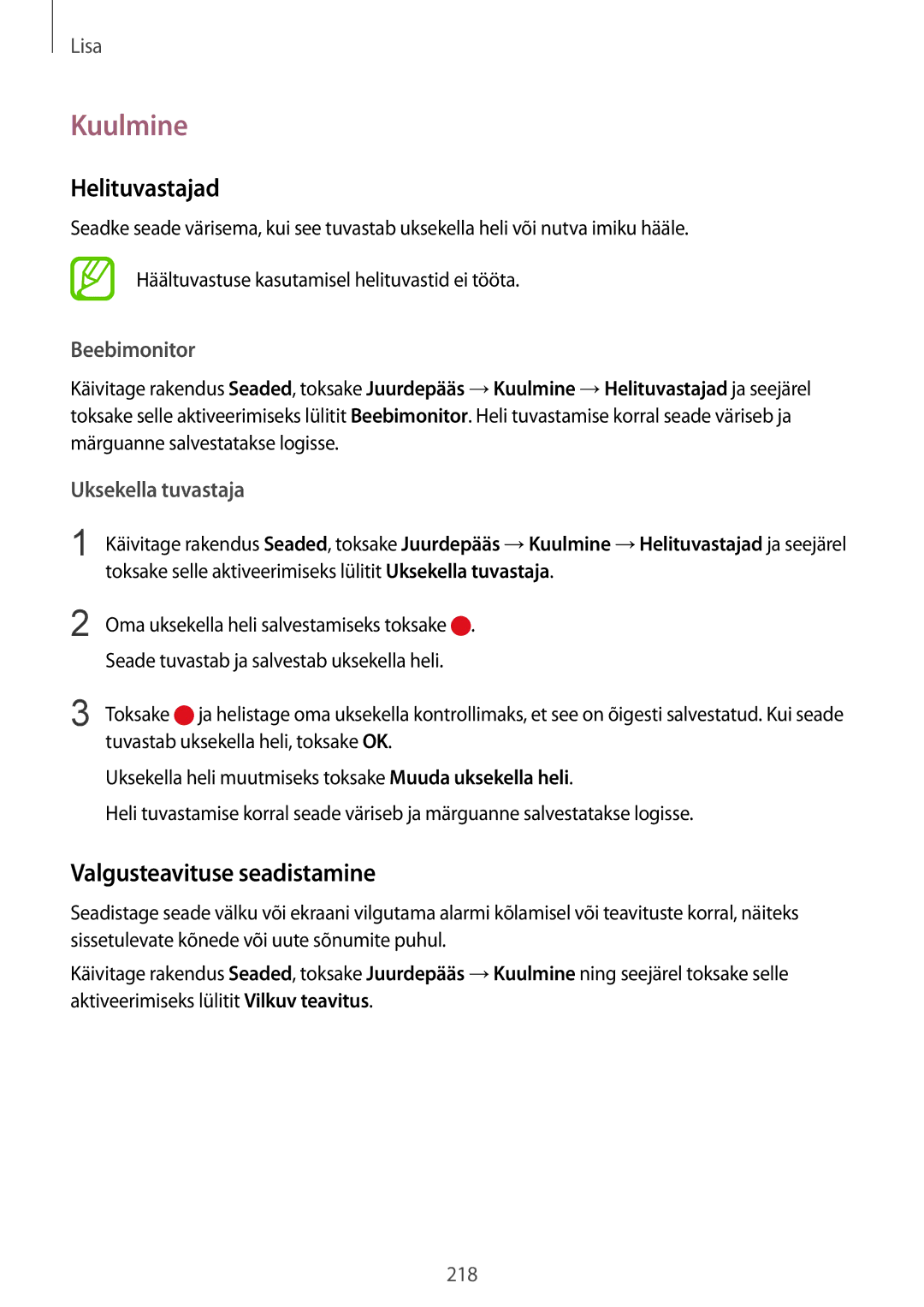 Samsung SM-G950FZSASEB manual Kuulmine, Helituvastajad, Valgusteavituse seadistamine, Beebimonitor, Uksekella tuvastaja 