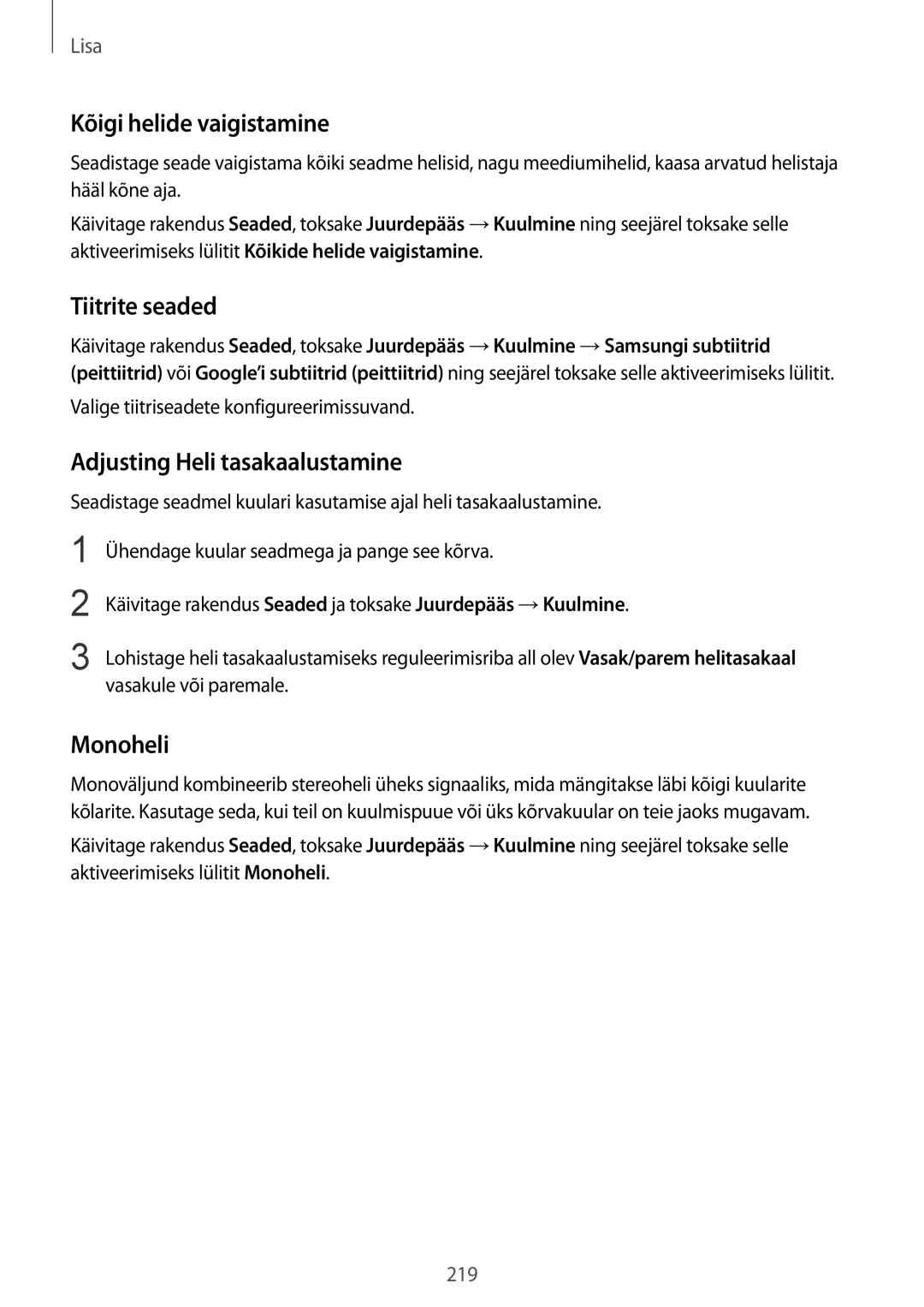 Samsung SM-G955FZVASEB manual Kõigi helide vaigistamine, Tiitrite seaded, Adjusting Heli tasakaalustamine, Monoheli 