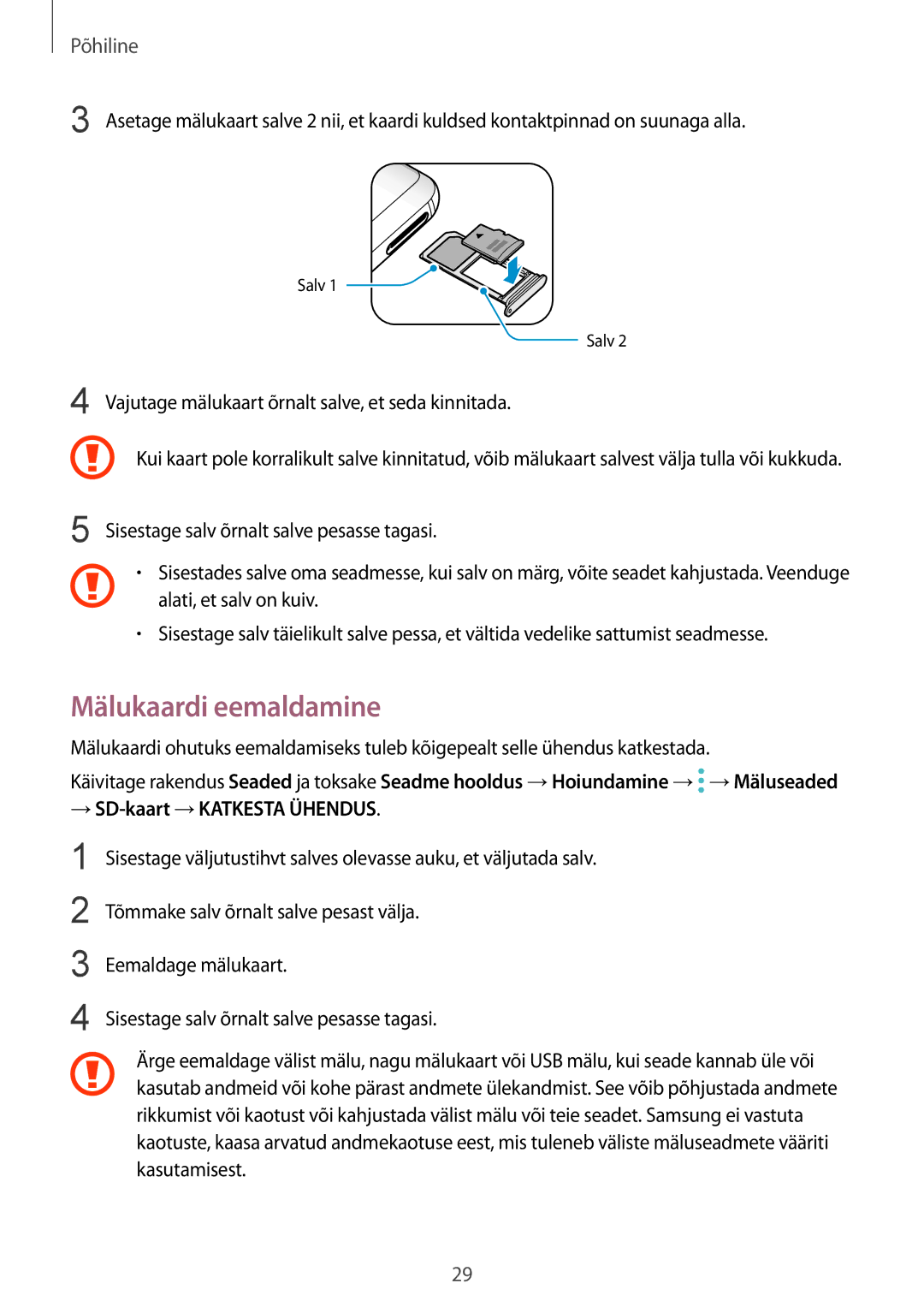 Samsung SM-G950FZSASEB, SM-G955FZSASEB manual Mälukaardi eemaldamine, Vajutage mälukaart õrnalt salve, et seda kinnitada 