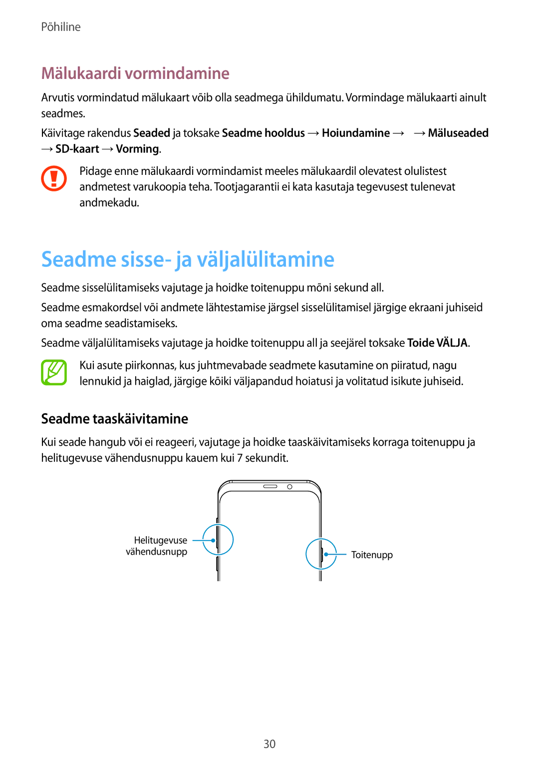 Samsung SM-G955FZVASEB, SM-G955FZSASEB Seadme sisse- ja väljalülitamine, Mälukaardi vormindamine, Seadme taaskäivitamine 