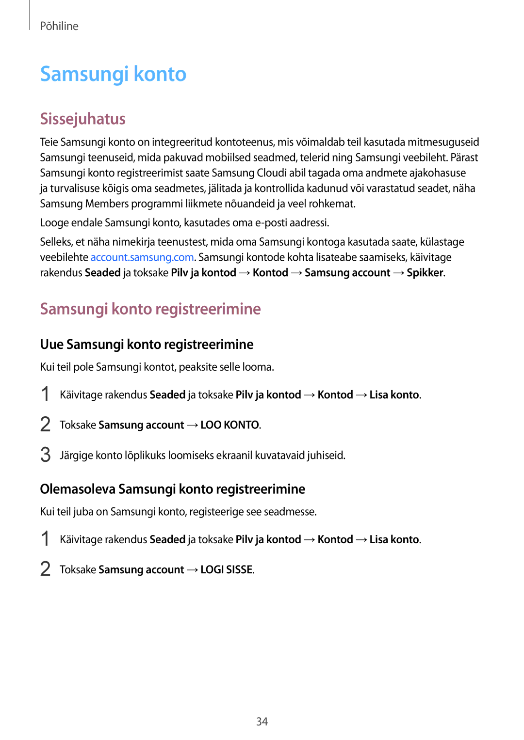 Samsung SM-G950FZKASEB, SM-G955FZSASEB, SM-G950FZSASEB manual Sissejuhatus, Uue Samsungi konto registreerimine 