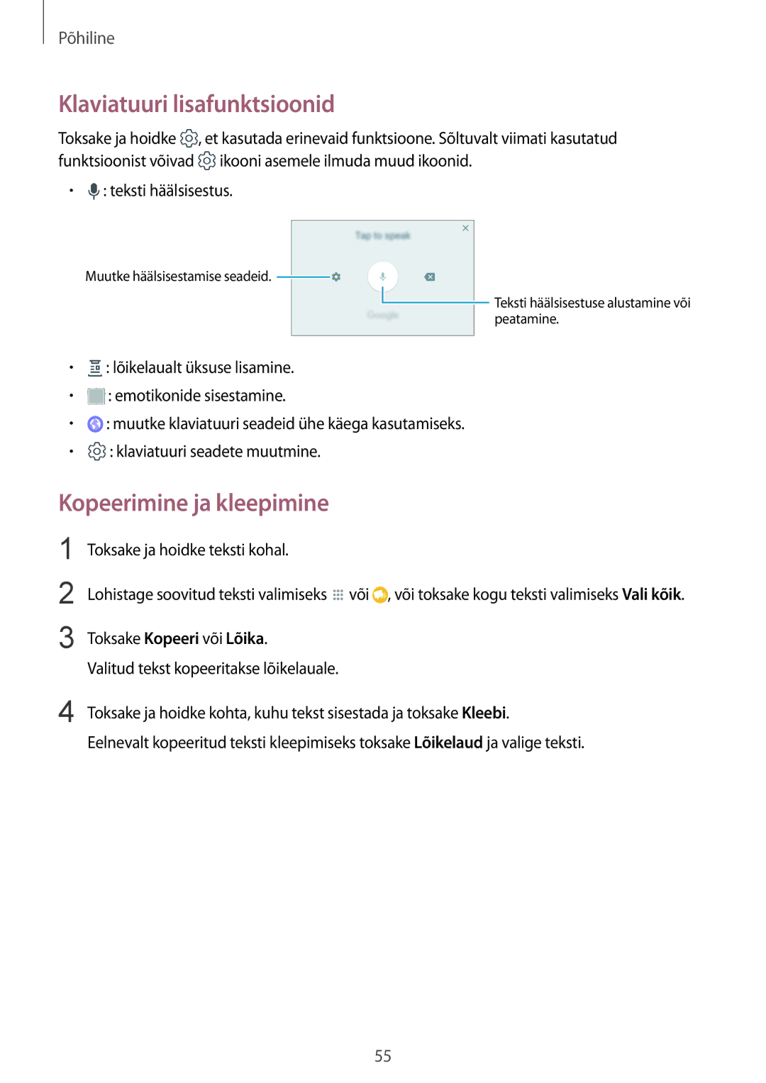 Samsung SM-G950FZKASEB manual Klaviatuuri lisafunktsioonid, Kopeerimine ja kleepimine, Toksake ja hoidke teksti kohal 