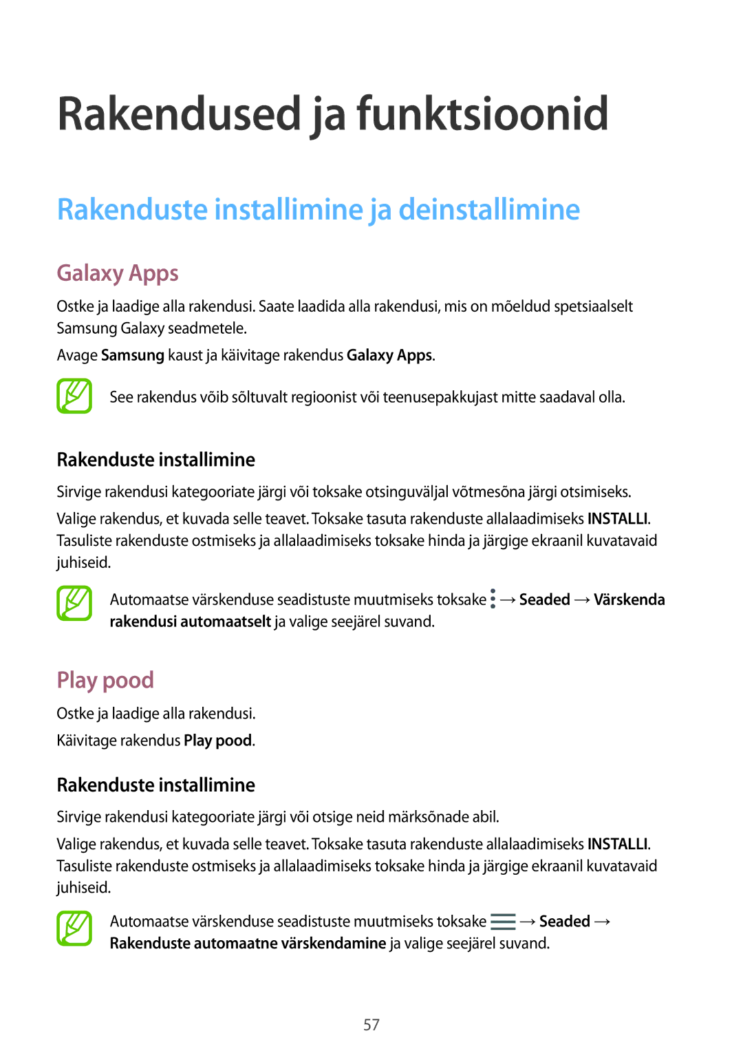 Samsung SM-G950FZSASEB, SM-G955FZSASEB, SM-G955FZVASEB Rakenduste installimine ja deinstallimine, Galaxy Apps, Play pood 