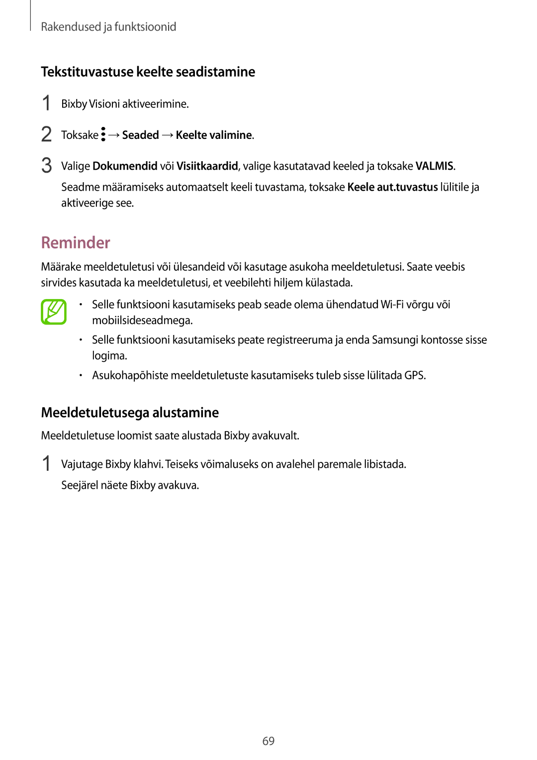 Samsung SM-G950FZKASEB, SM-G955FZSASEB manual Reminder, Tekstituvastuse keelte seadistamine, Meeldetuletusega alustamine 