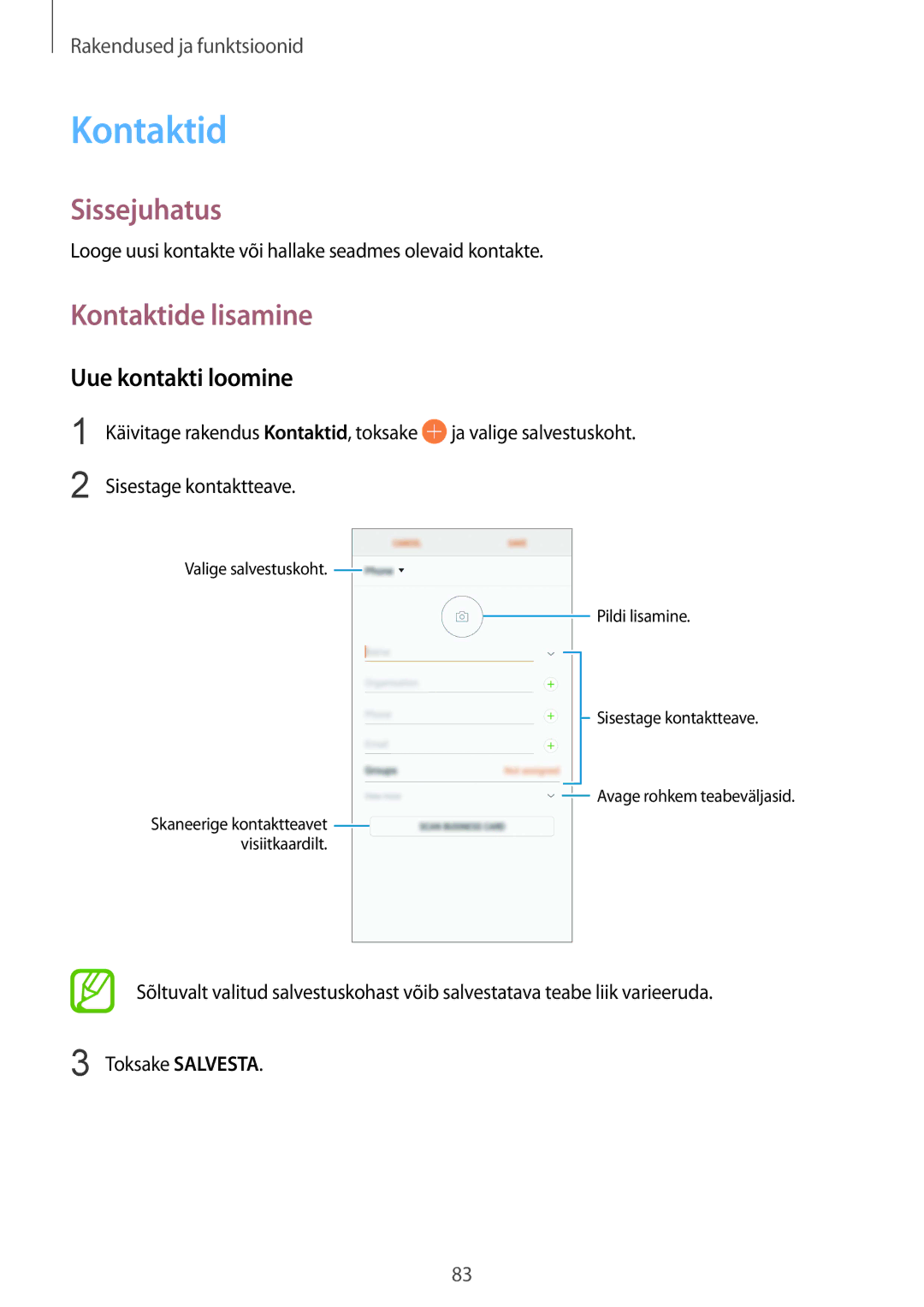 Samsung SM-G950FZKASEB, SM-G955FZSASEB, SM-G950FZSASEB, SM-G955FZVASEB manual Kontaktide lisamine, Uue kontakti loomine 
