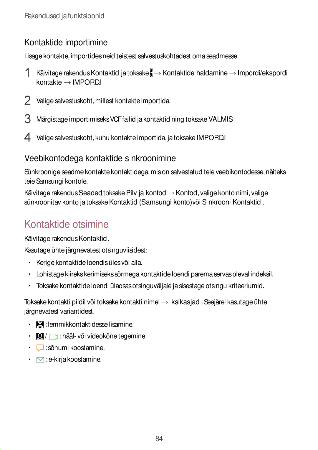 Samsung SM-G955FZSASEB manual Kontaktide otsimine, Kontaktide importimine, Veebikontodega kontaktide sünkroonimine 