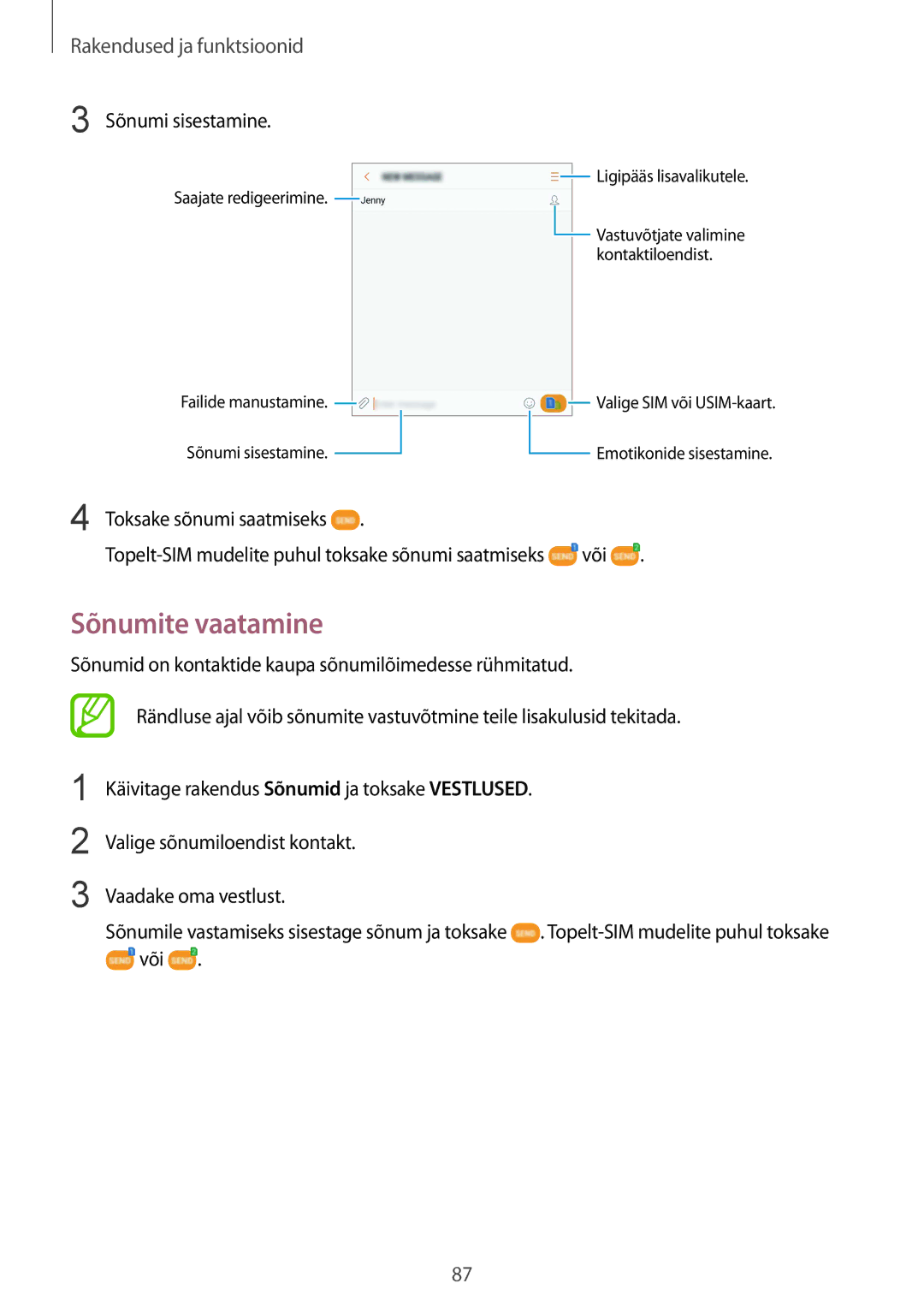 Samsung SM-G955FZKASEB, SM-G955FZSASEB, SM-G950FZSASEB, SM-G955FZVASEB manual Sõnumite vaatamine, Sõnumi sisestamine, Või 