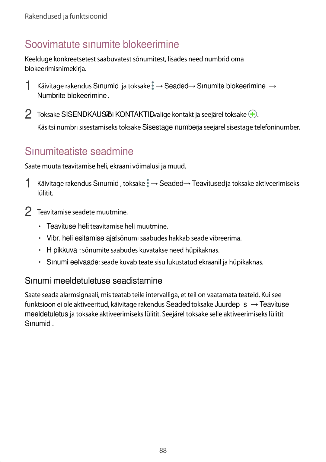 Samsung SM-G950FZVASEB Soovimatute sõnumite blokeerimine, Sõnumiteatiste seadmine, Sõnumi meeldetuletuse seadistamine 