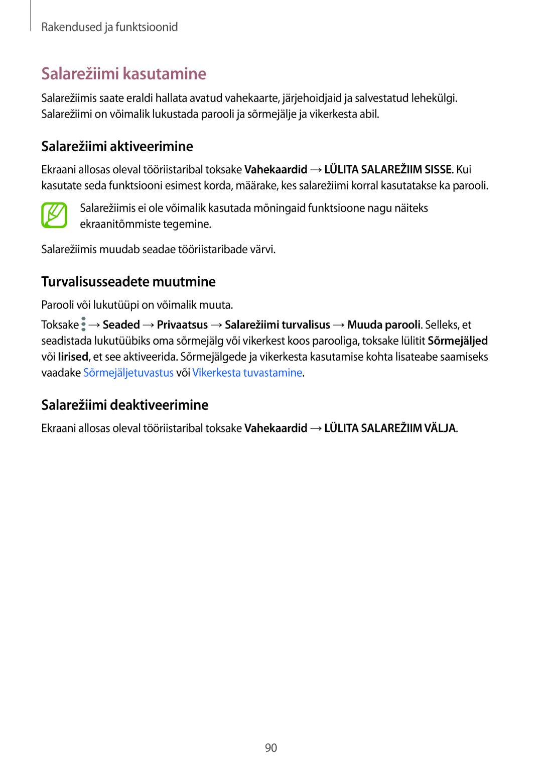 Samsung SM-G950FZKASEB, SM-G955FZSASEB manual Salarežiimi kasutamine, Salarežiimi aktiveerimine, Turvalisusseadete muutmine 
