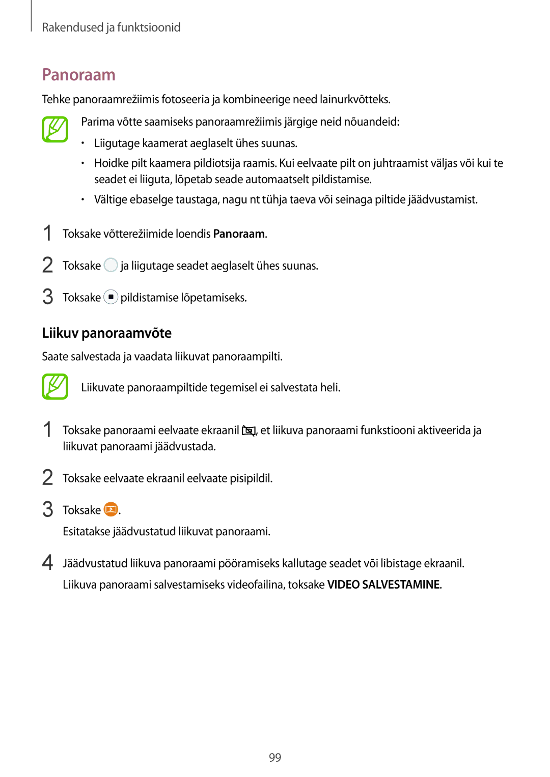 Samsung SM-G950FZSASEB, SM-G955FZSASEB, SM-G955FZVASEB, SM-G955FZKASEB, SM-G950FZVASEB manual Panoraam, Liikuv panoraamvõte 